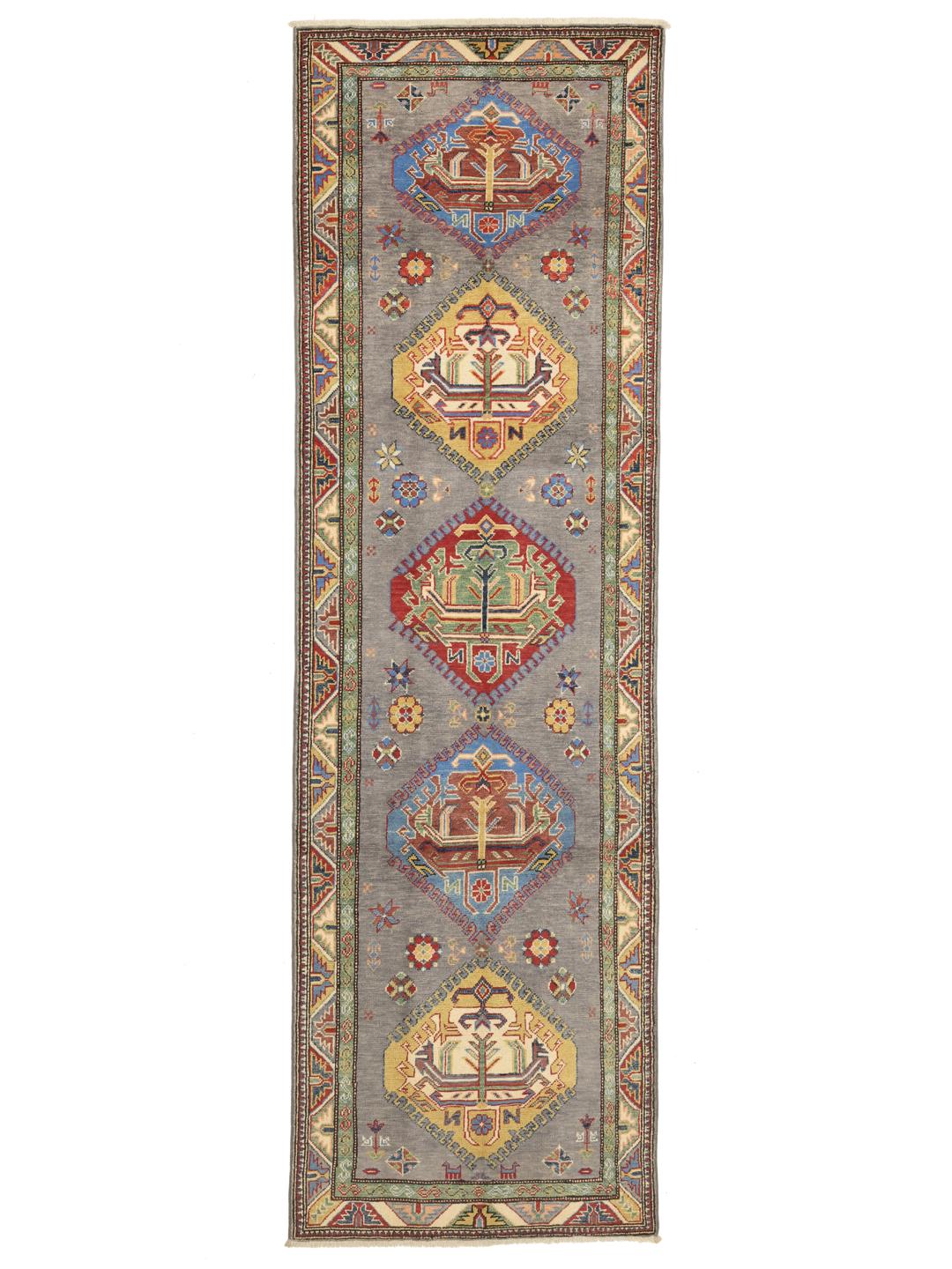 Covor tip runner Kazak înnodat manual din Afganistan cu design geometric gri și multicolor