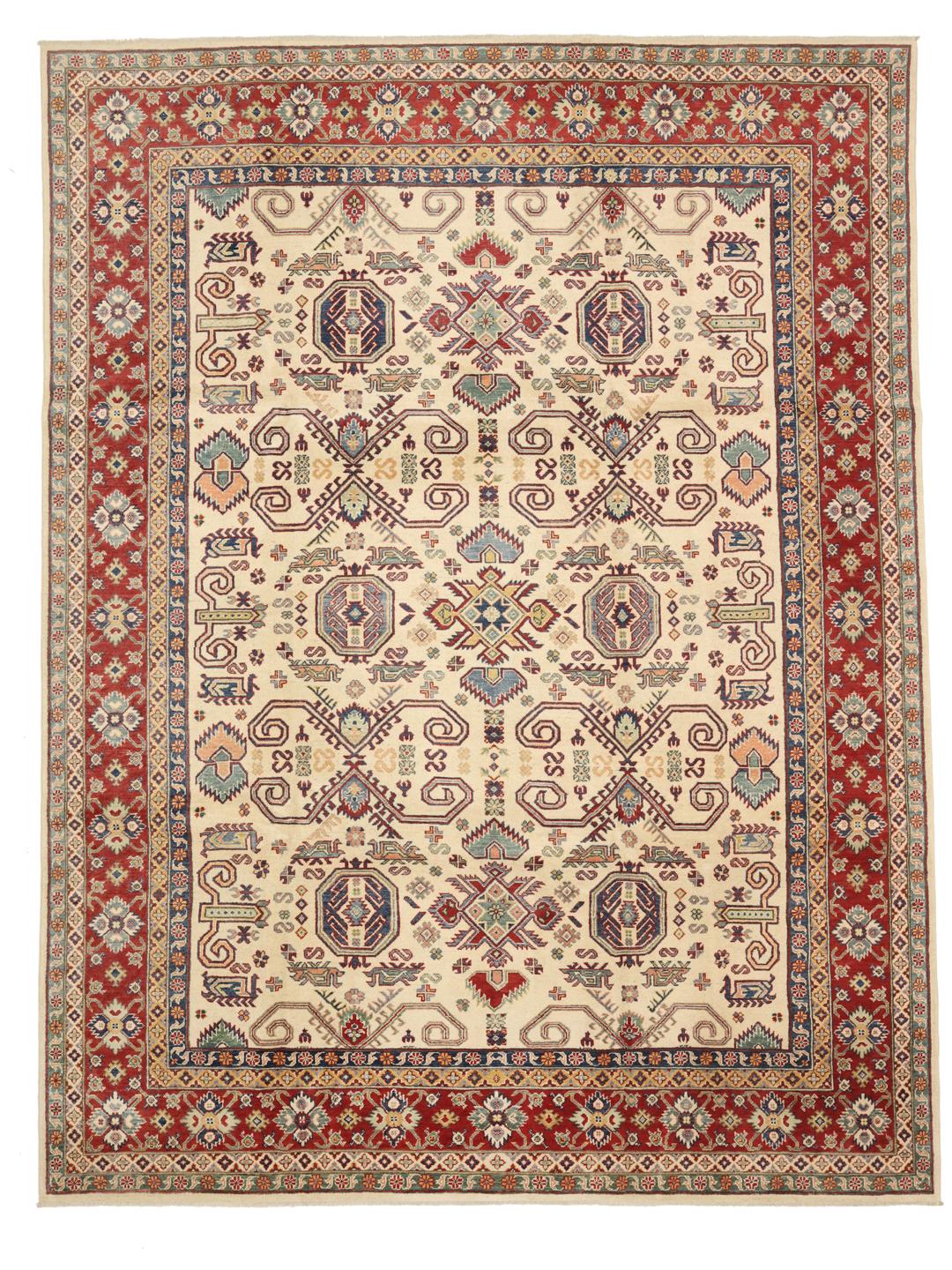 Tapis afghan Kazak noué à la main avec une bordure rouge dynamique et des motifs géométriques