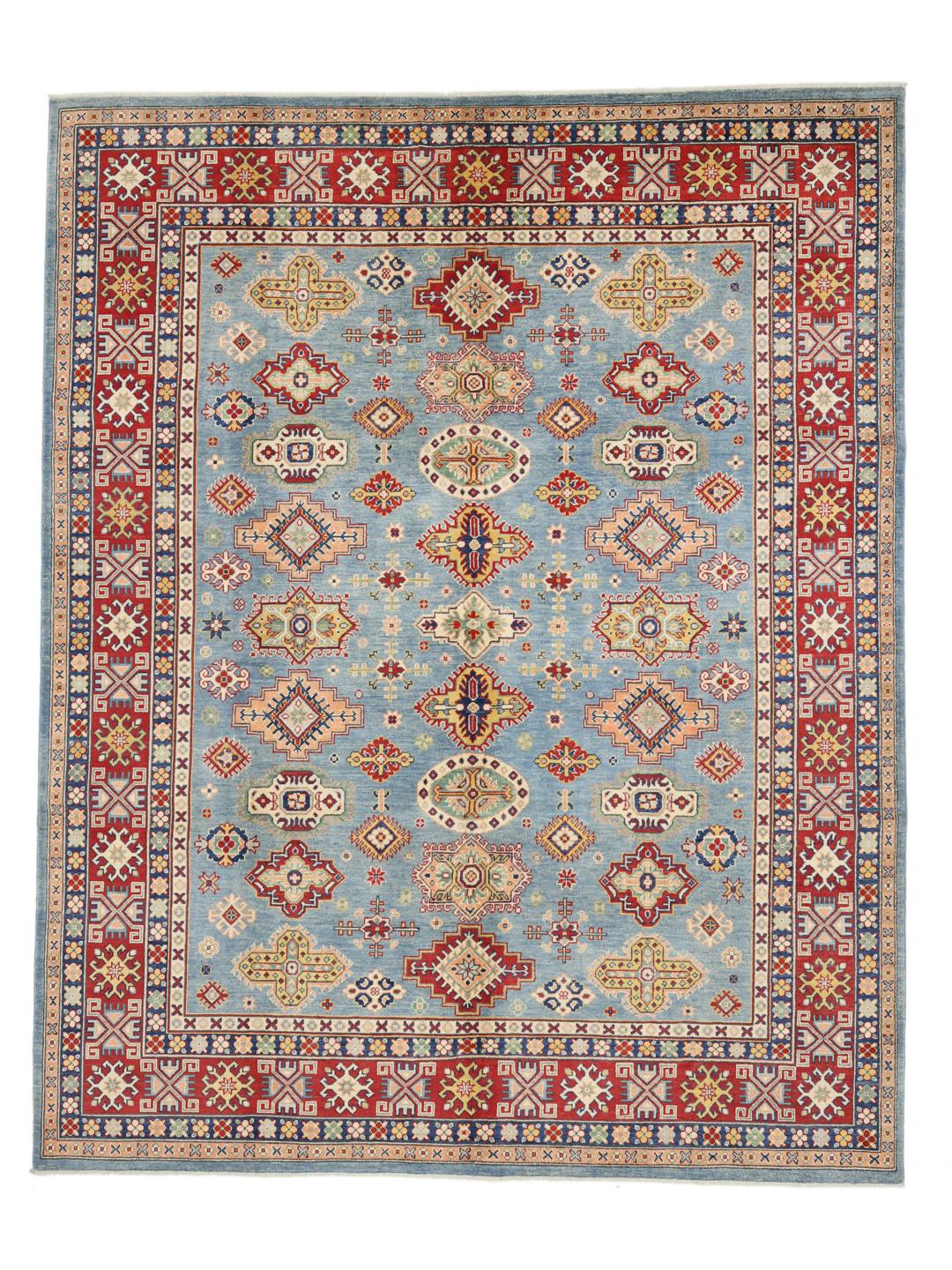 Covor Kazak înnodat manual din Afganistan cu un design geometric albastru și roșu