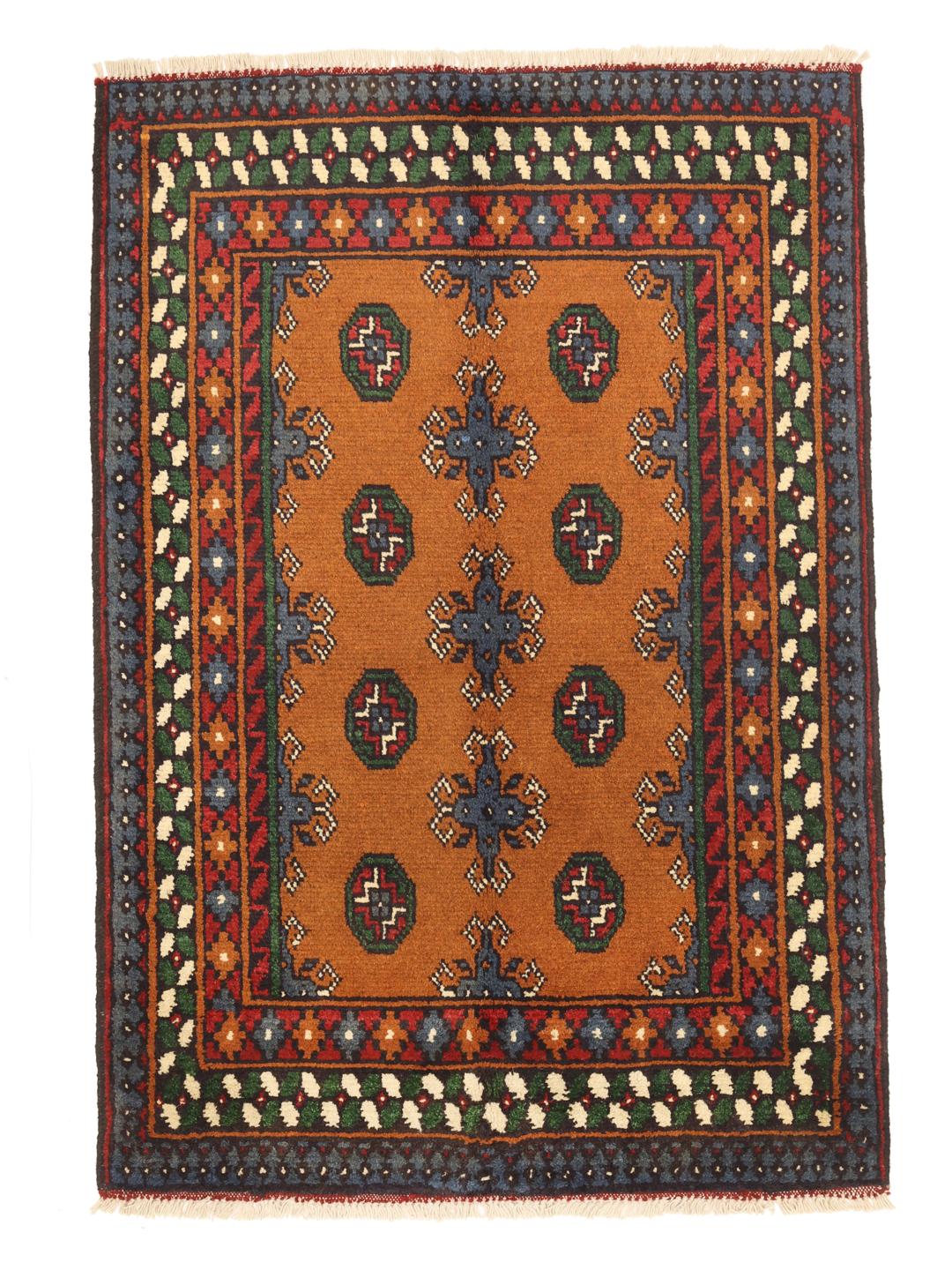 Håndlavet Afghan Akhche-tæppe med traditionelle geometriske mønstre i varme brune nuancer