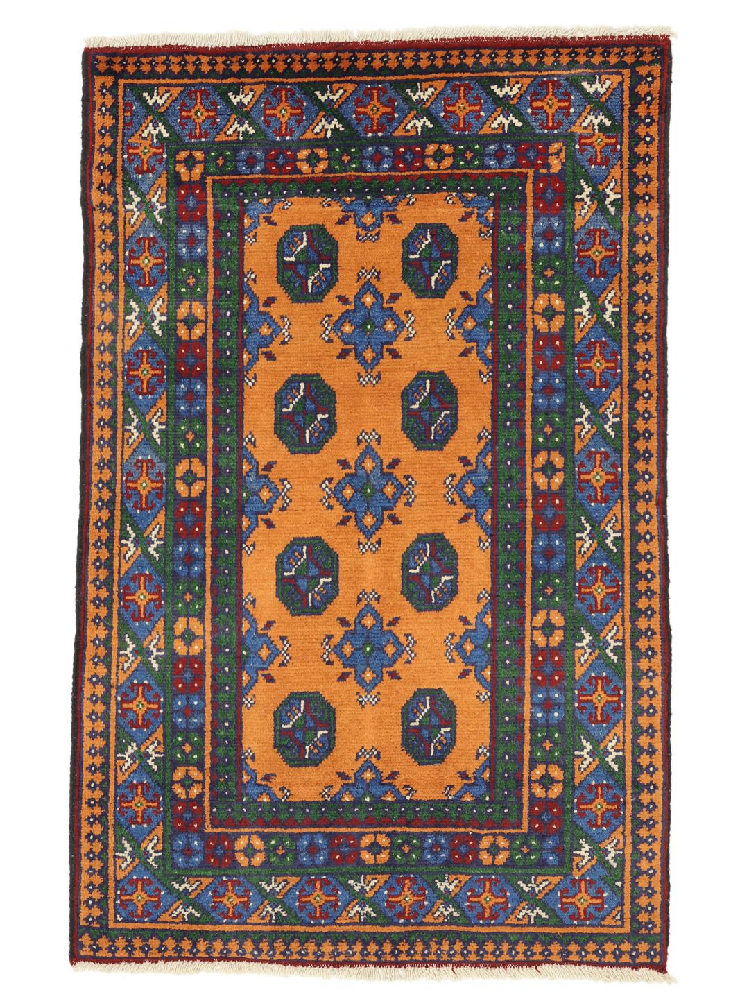 Hand-knotted Afghan rug with vibrant orange, blue, and green geometric tribal patterns.