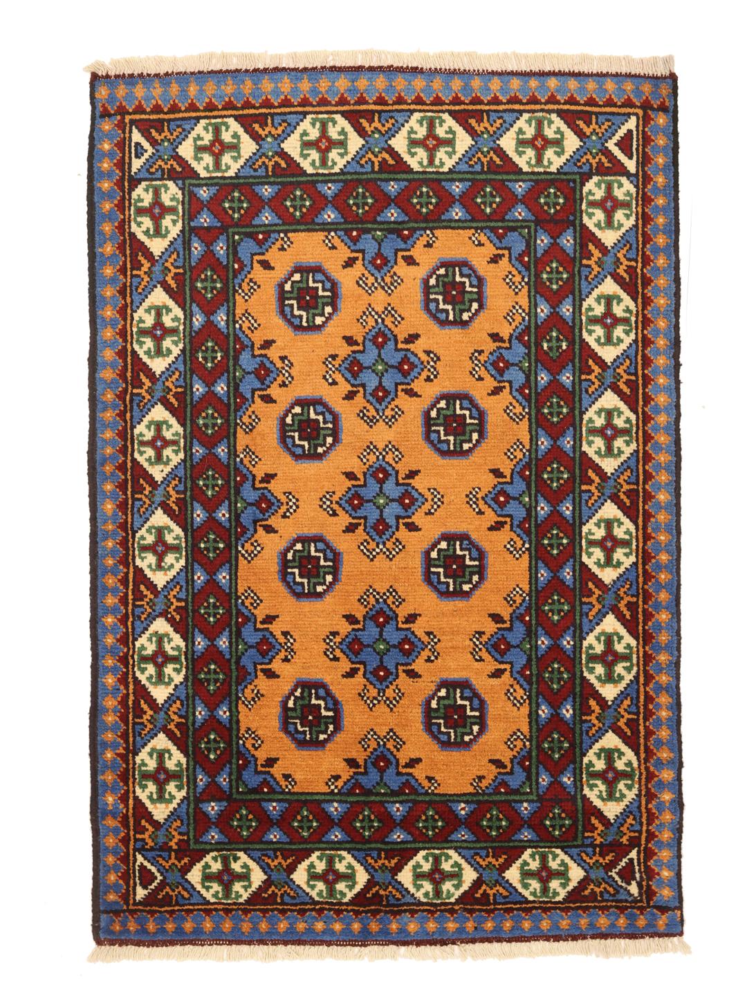 Hand-knotted Afghan Akhche rug with a vibrant multicolor geometric pattern