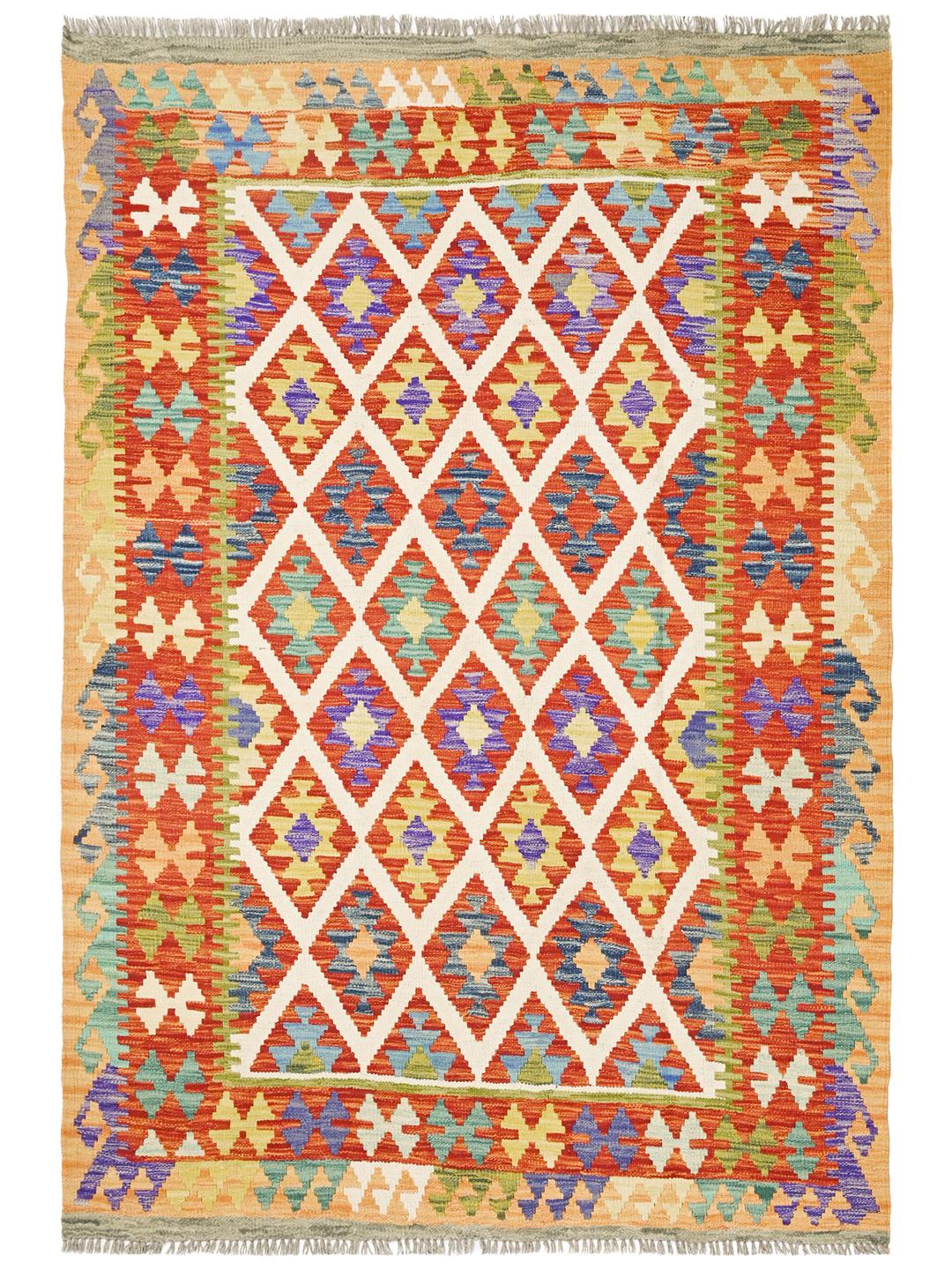 Handgeweven oranje en multicolor wollen vloerkleed uit Afghanistan