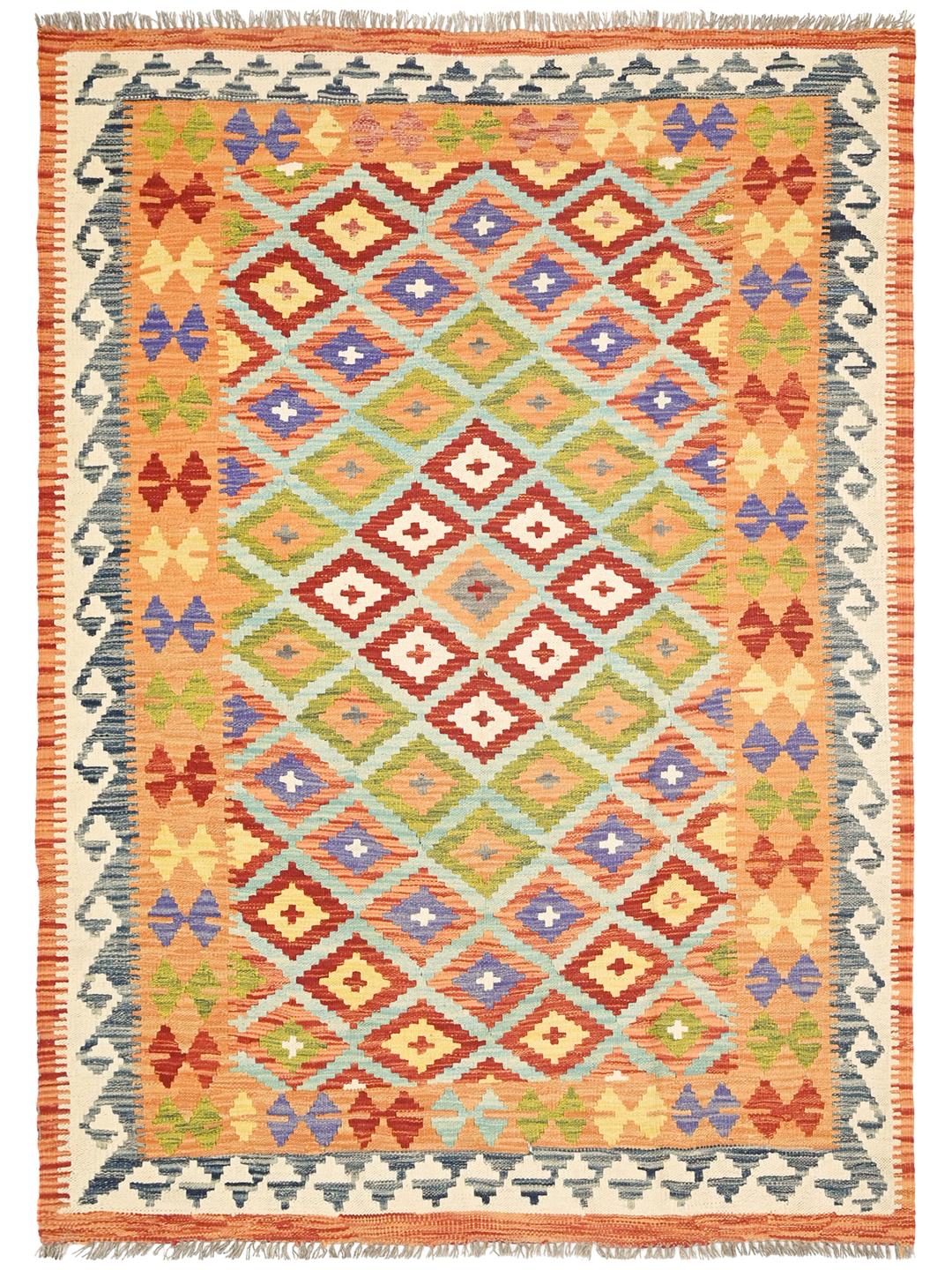 Hand-woven Afghan Kelim rug with geometric patterns in multicolor wool