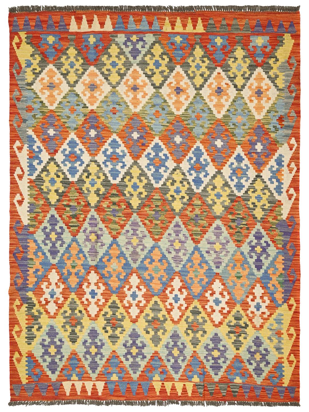 Hand-woven Afghan Kelim rug with a vibrant multicolor geometric pattern