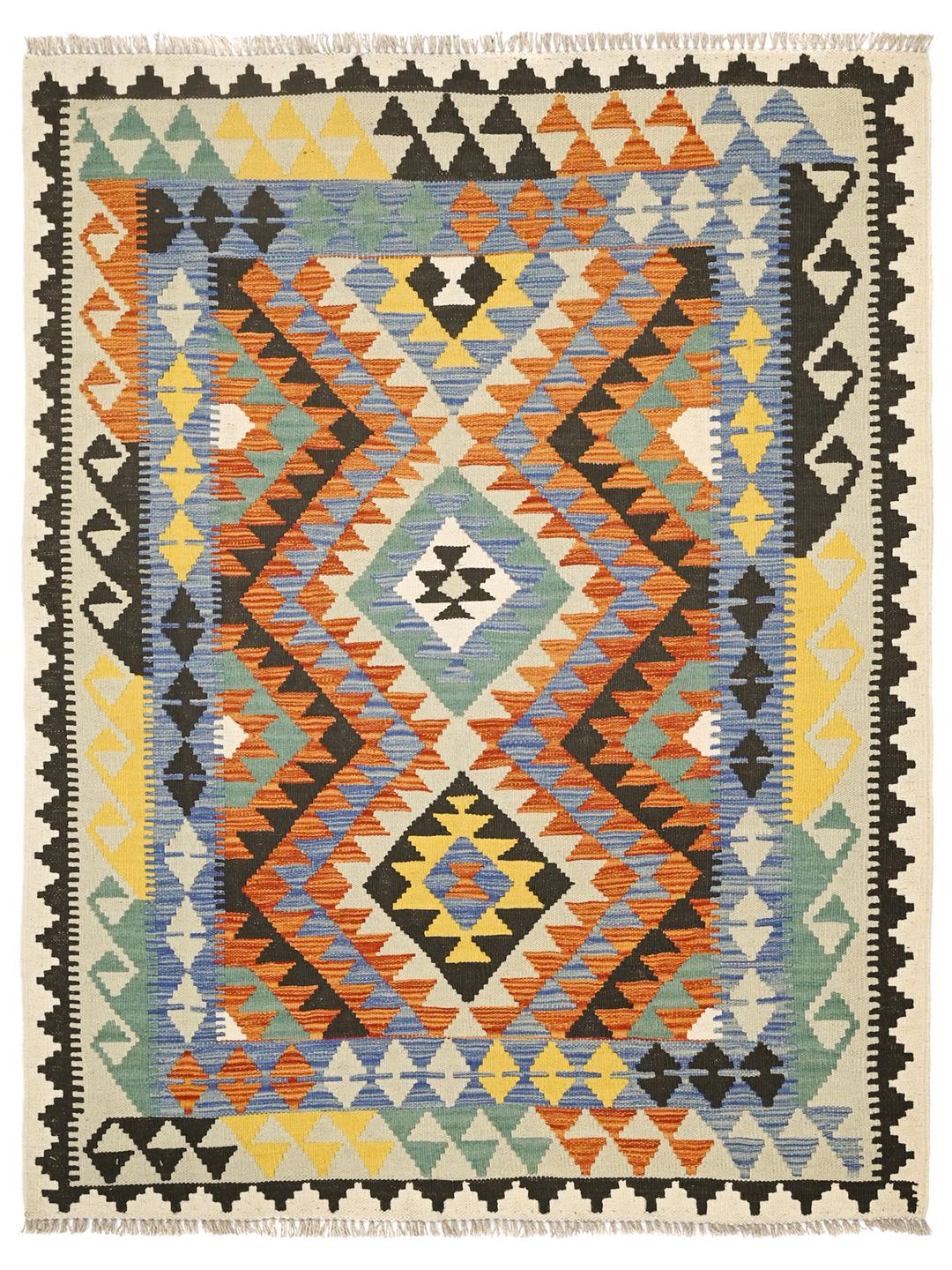 Tappeto Kelim afghano tessuto a mano con vivaci motivi geometrici in lana multicolore