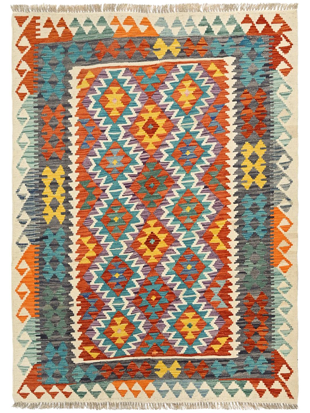 Hand-woven Afghan Kelim rug featuring a multicolor geometric pattern
