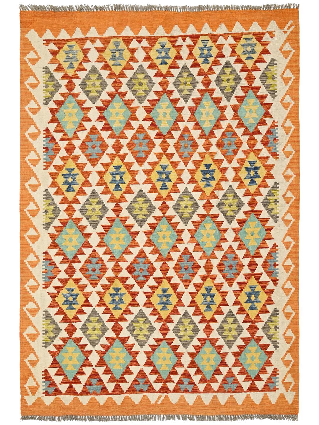 Handgeweven oranje Afghaans vloerkleed met geometrische patronen
