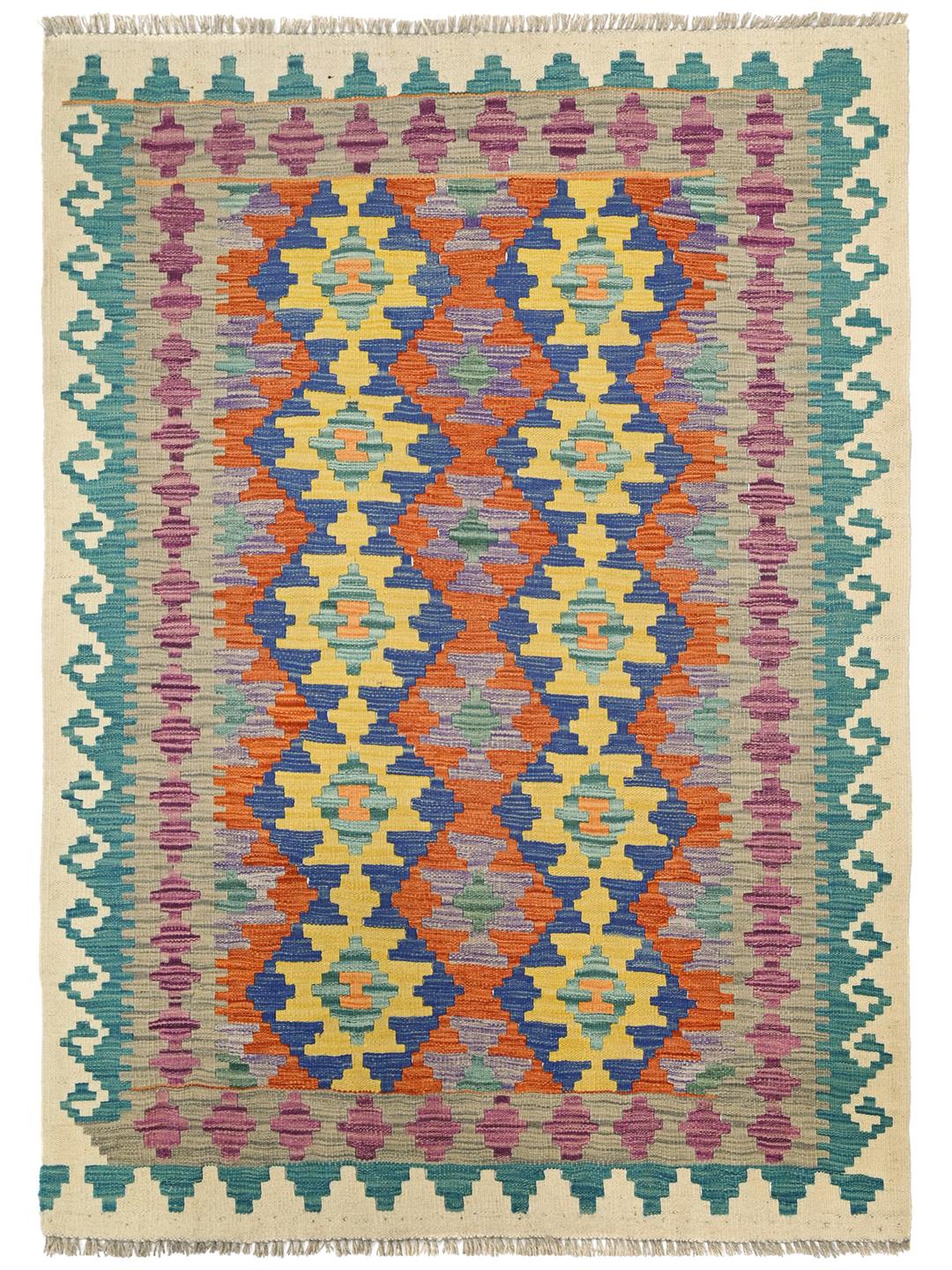 Hand-woven Afghan Kelim rug with vibrant geometric patterns in multicolor Wool
