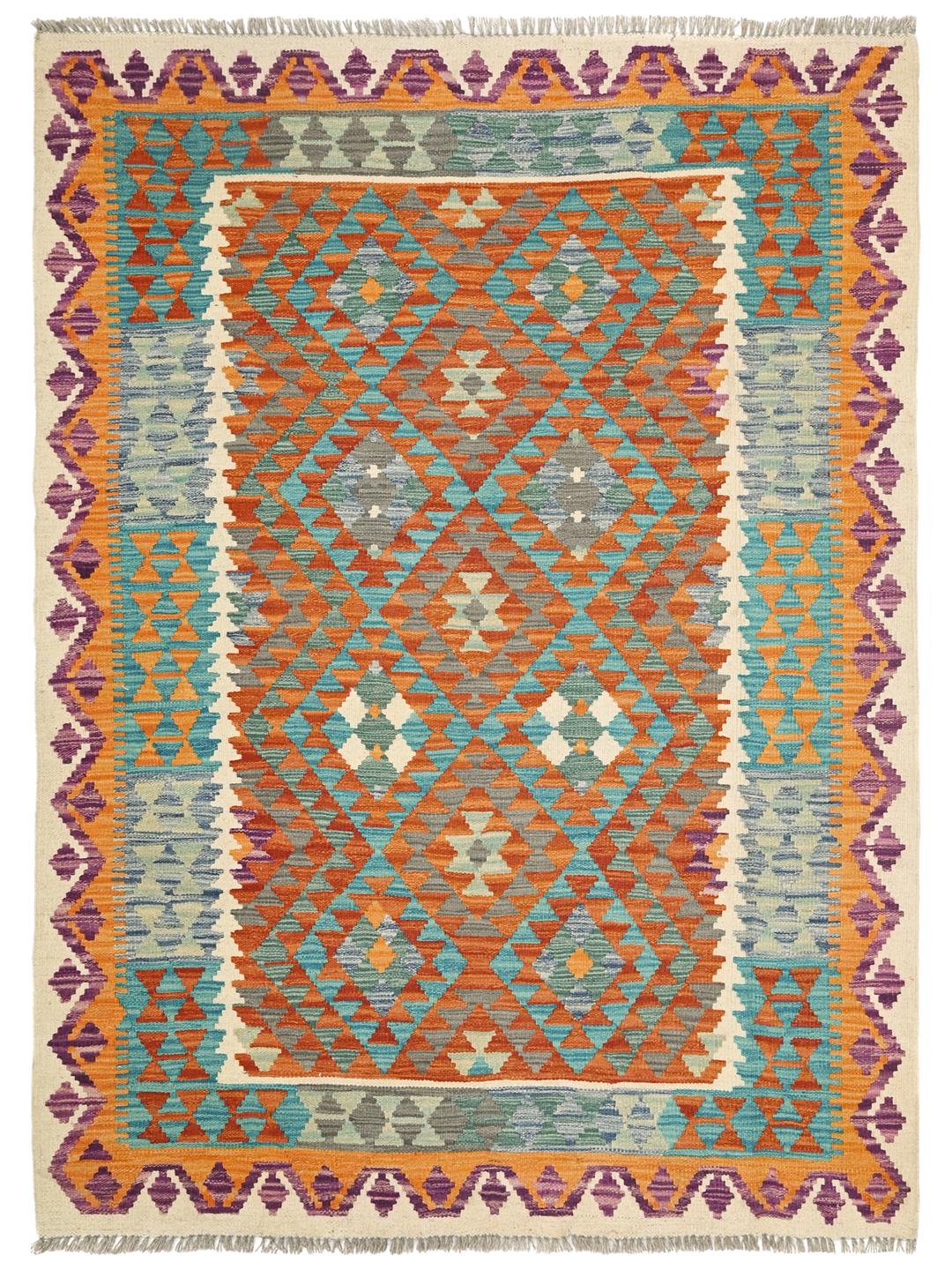 Hand-woven Afghan Kelim rug with geometric diamond patterns in vibrant multicolor tones