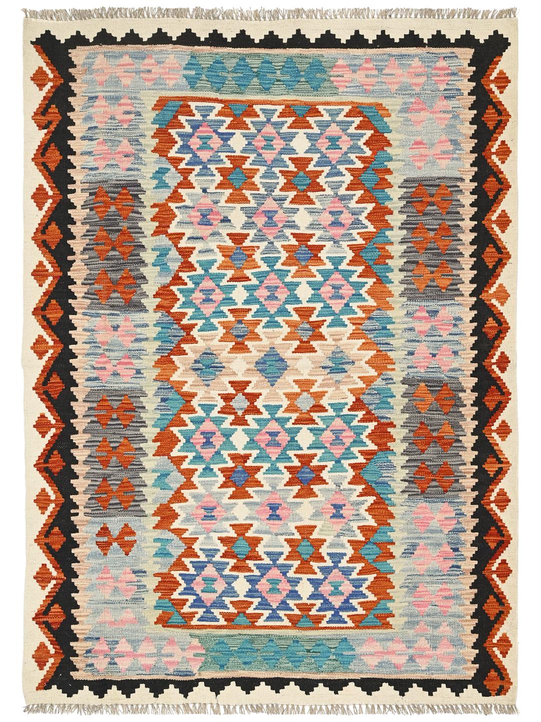 Hand-woven Afghan Kelim rug featuring a vibrant geometric pattern in blue, red, and pink tones.