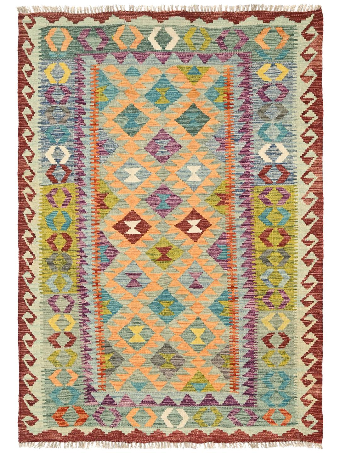 A hand-woven Afghan Kelim rug featuring a vibrant multicolour geometric pattern on a light background.