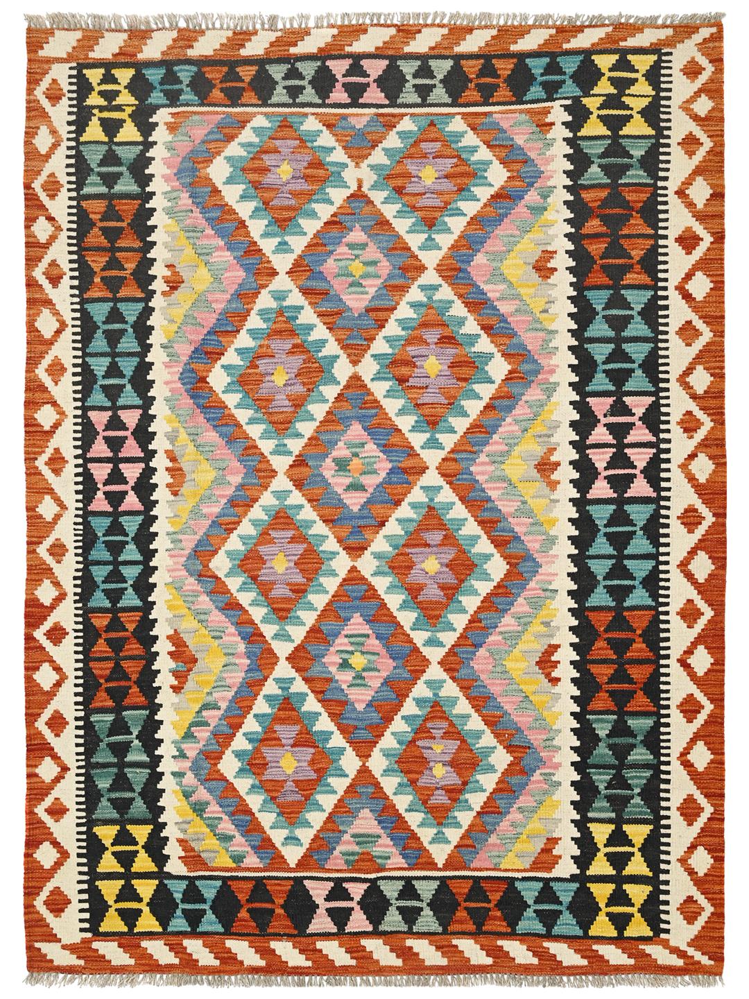 Hand-woven Afghan Kelim rug featuring a colourful geometric design with diamond motifs