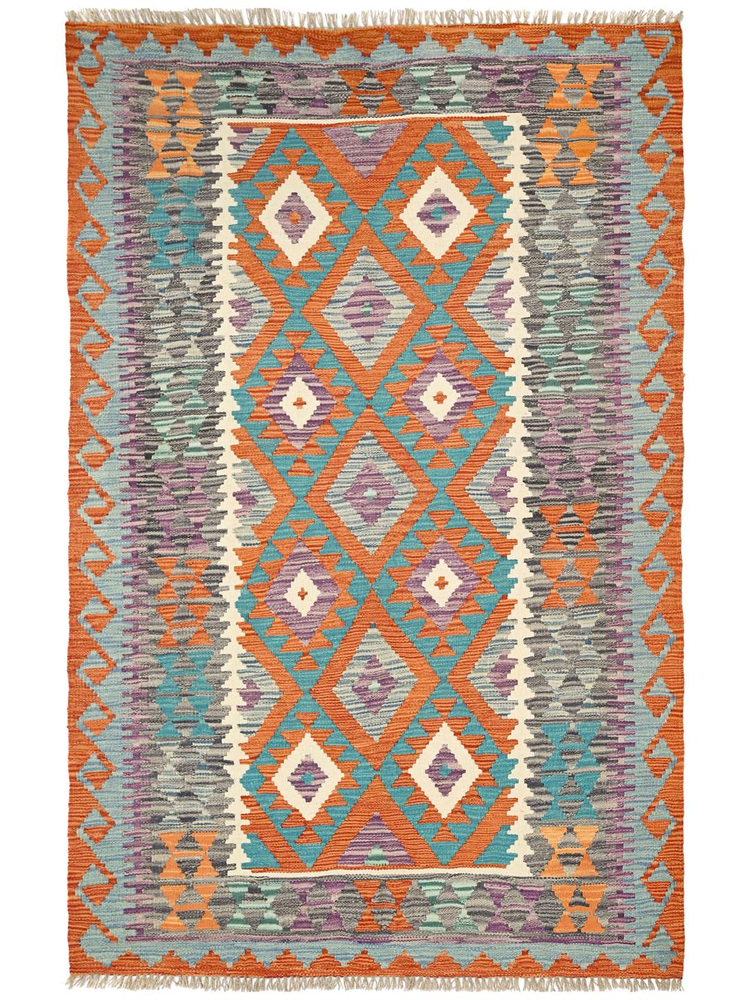 Hand-woven Afghan Kelim rug with vibrant multicolor geometric diamond patterns