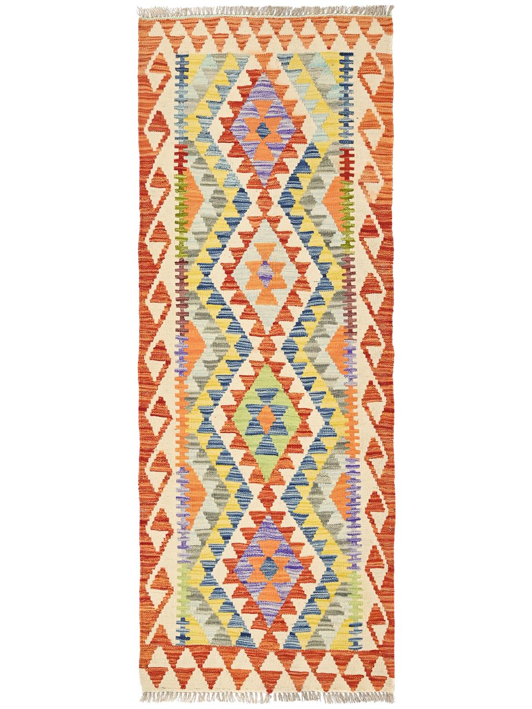Hand-woven Afghan runner featuring vibrant geometric patterns in a multicolor palette