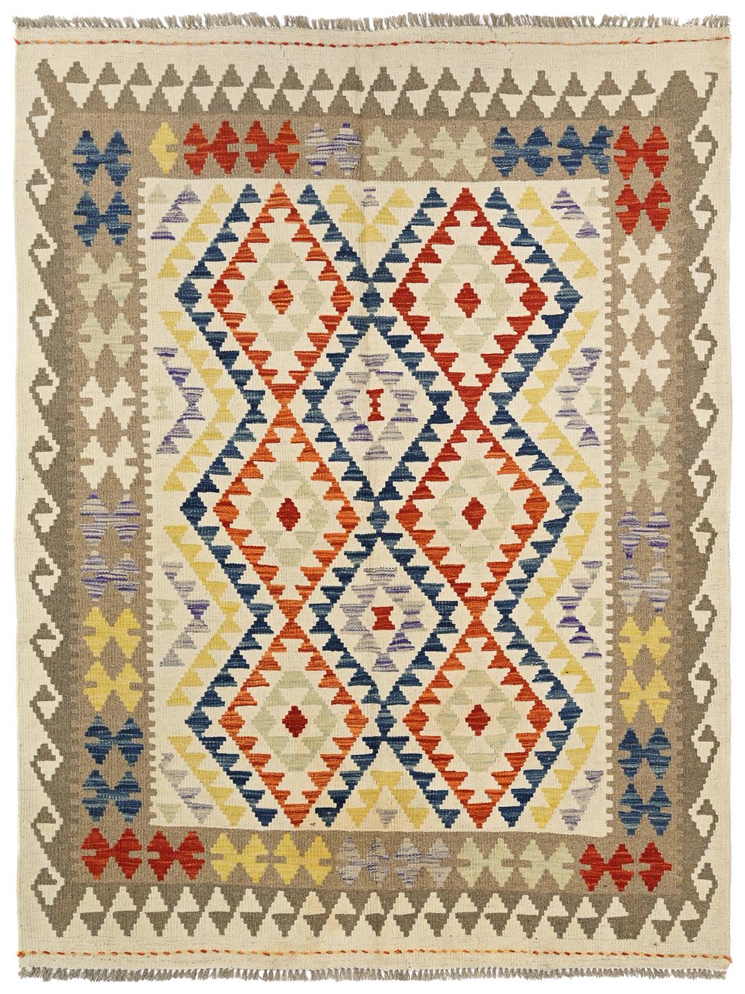 Hand-woven Afghan Kelim rug with a geometric pattern in multicolor wool.
