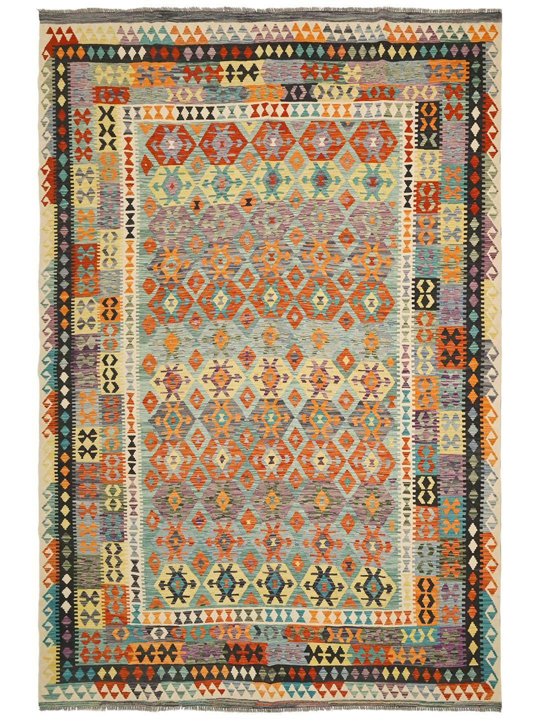 Ręcznie tkany dywan Kelim Afghan Old Style z wełny w wielokolorowych odcieniach i beżu