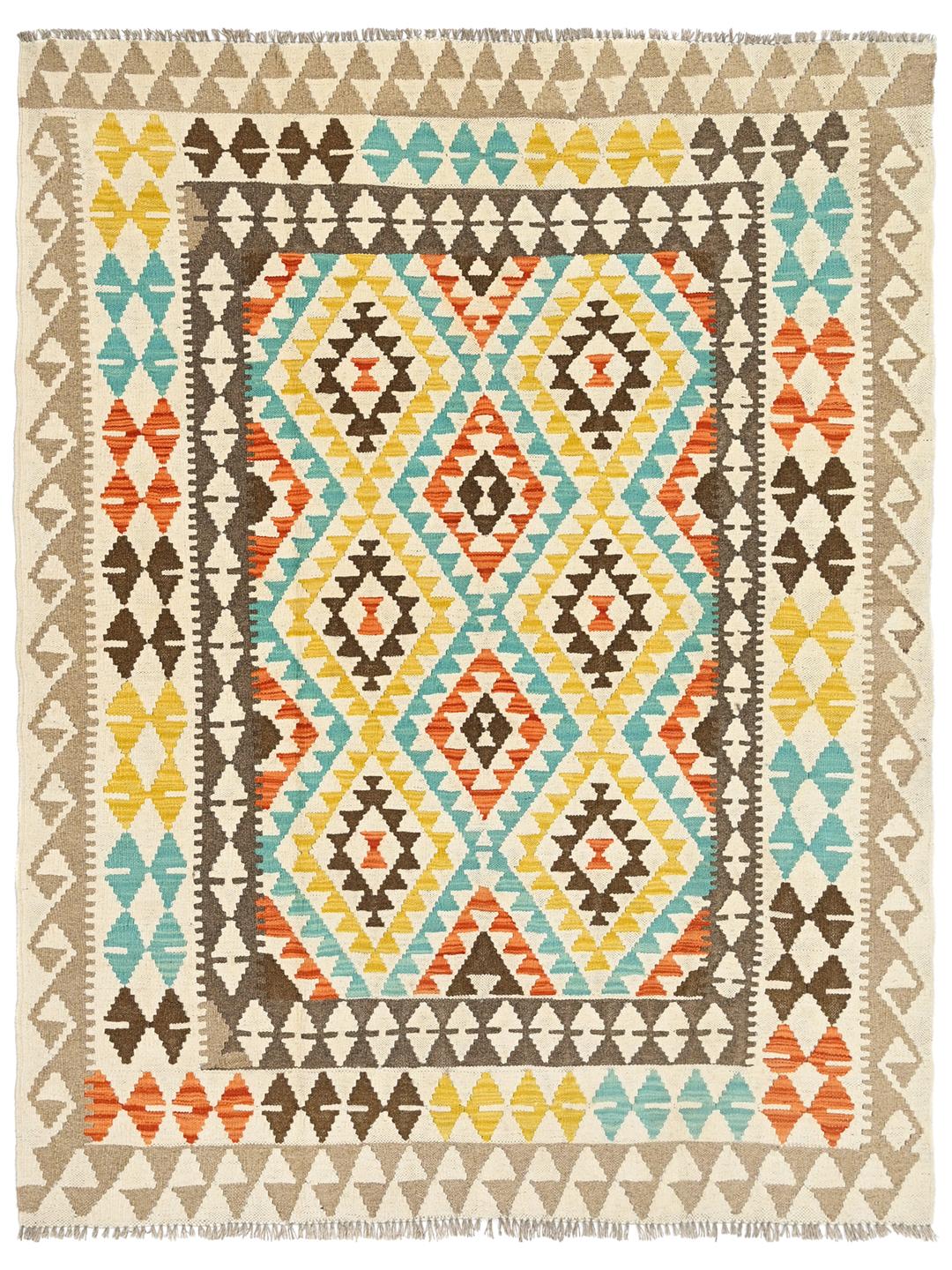 Hand-woven Afghan Kelim rug with geometric patterns in multicolor Wool