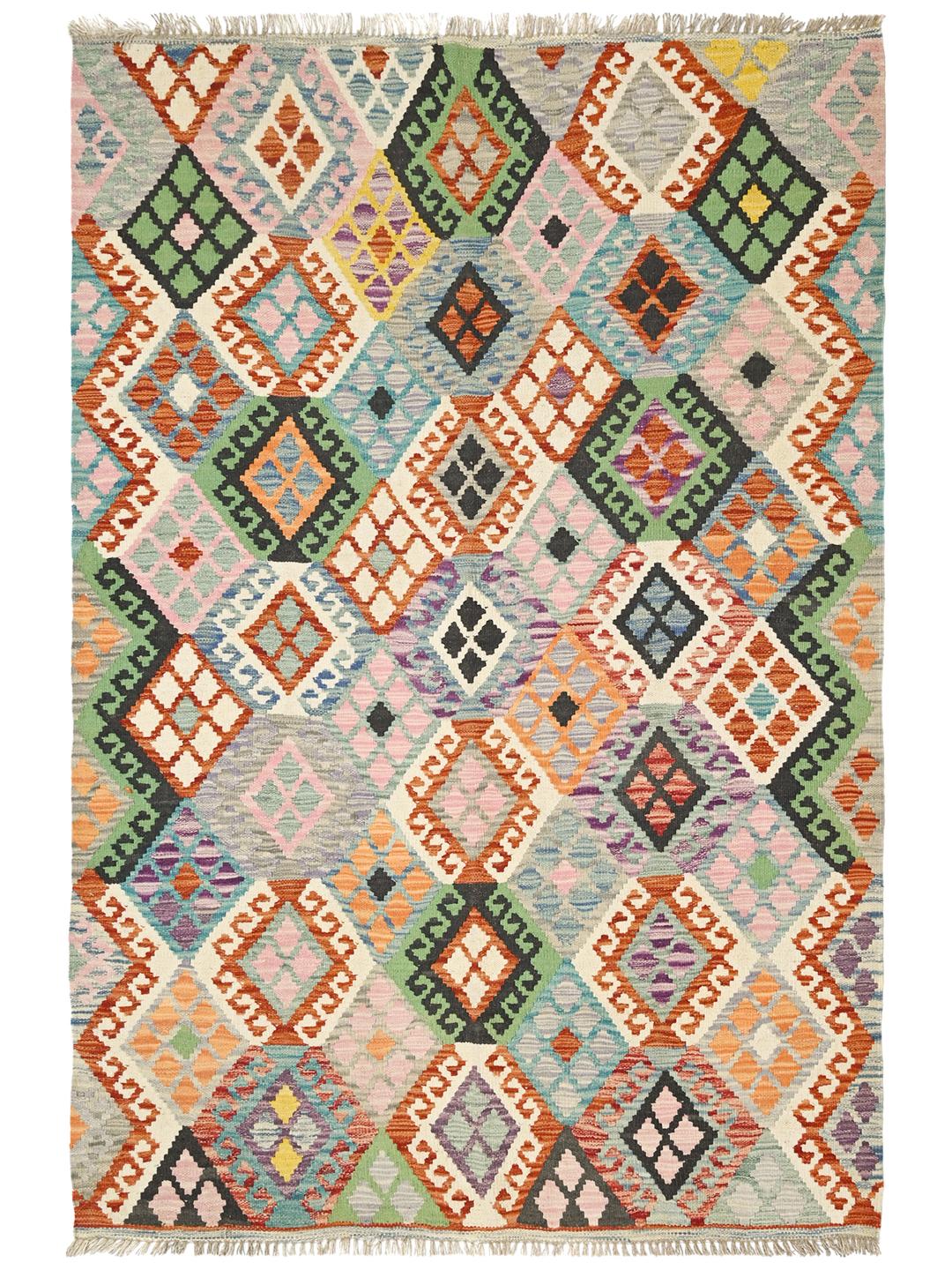 Hand-woven Afghan Kelim rug with a vibrant geometric diamond pattern in multicolor Wool