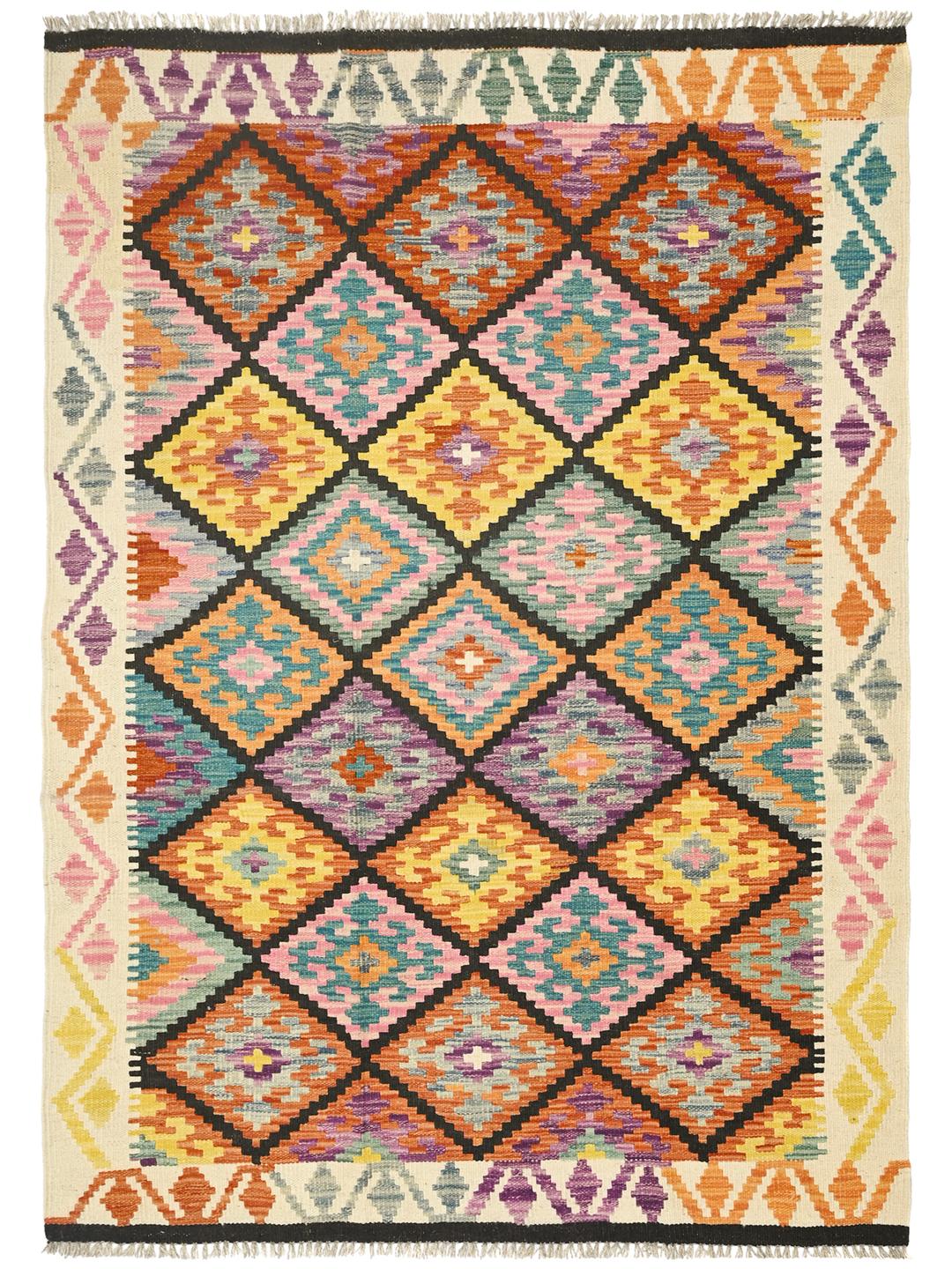 Handgeweven Afghaans Kelim-tapijt met een levendig veelkleurig geometrisch ruitpatroon