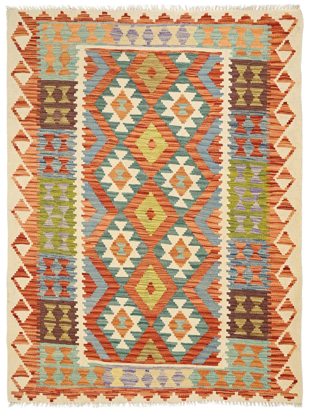 Hand-woven Afghan Kelim with vibrant geometric patterns in multicolor Wool