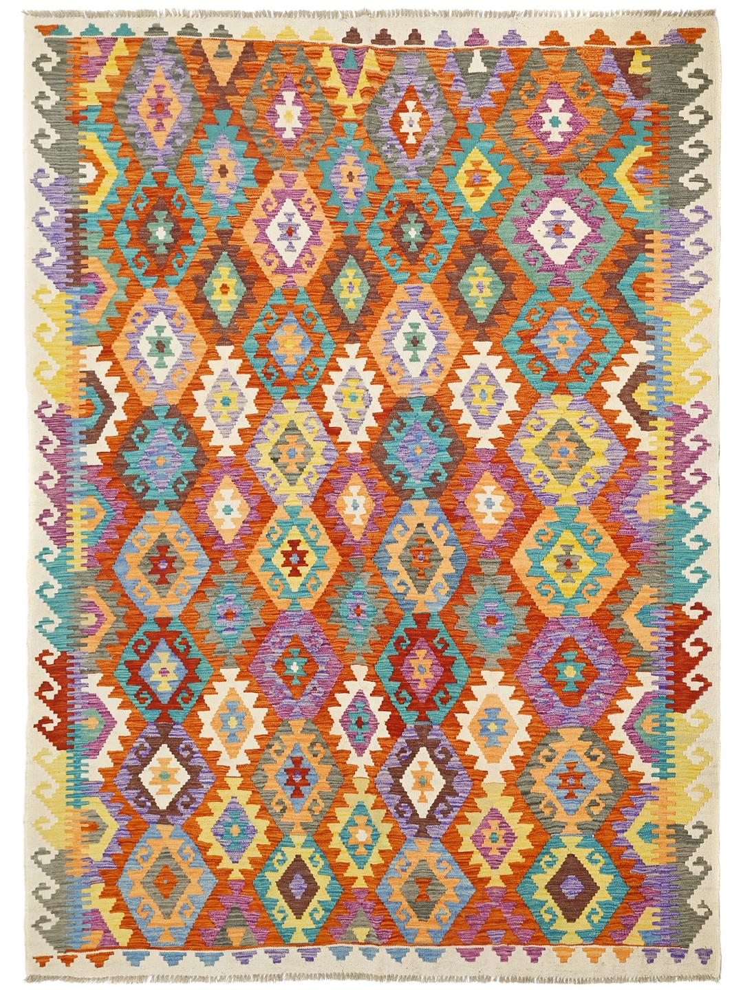Hand-woven Afghan Kelim rug with vibrant multicolor diamond patterns