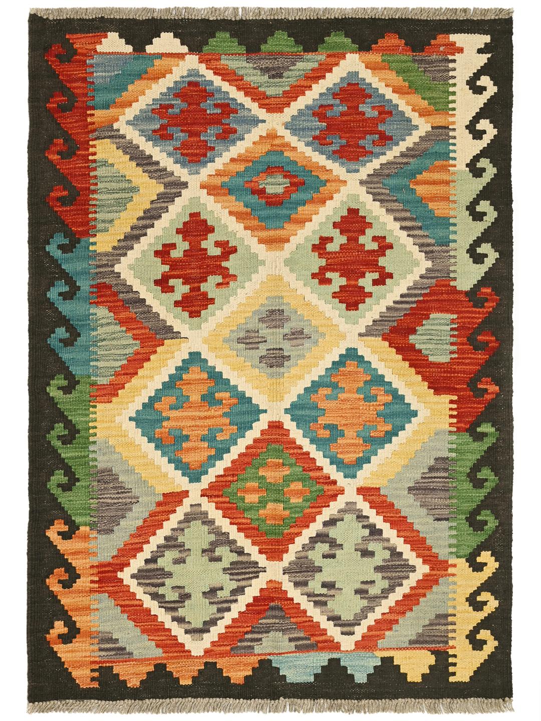 Hand-woven Kelim Afghan Old Style wool rug from Afghanistan in multicolor and black