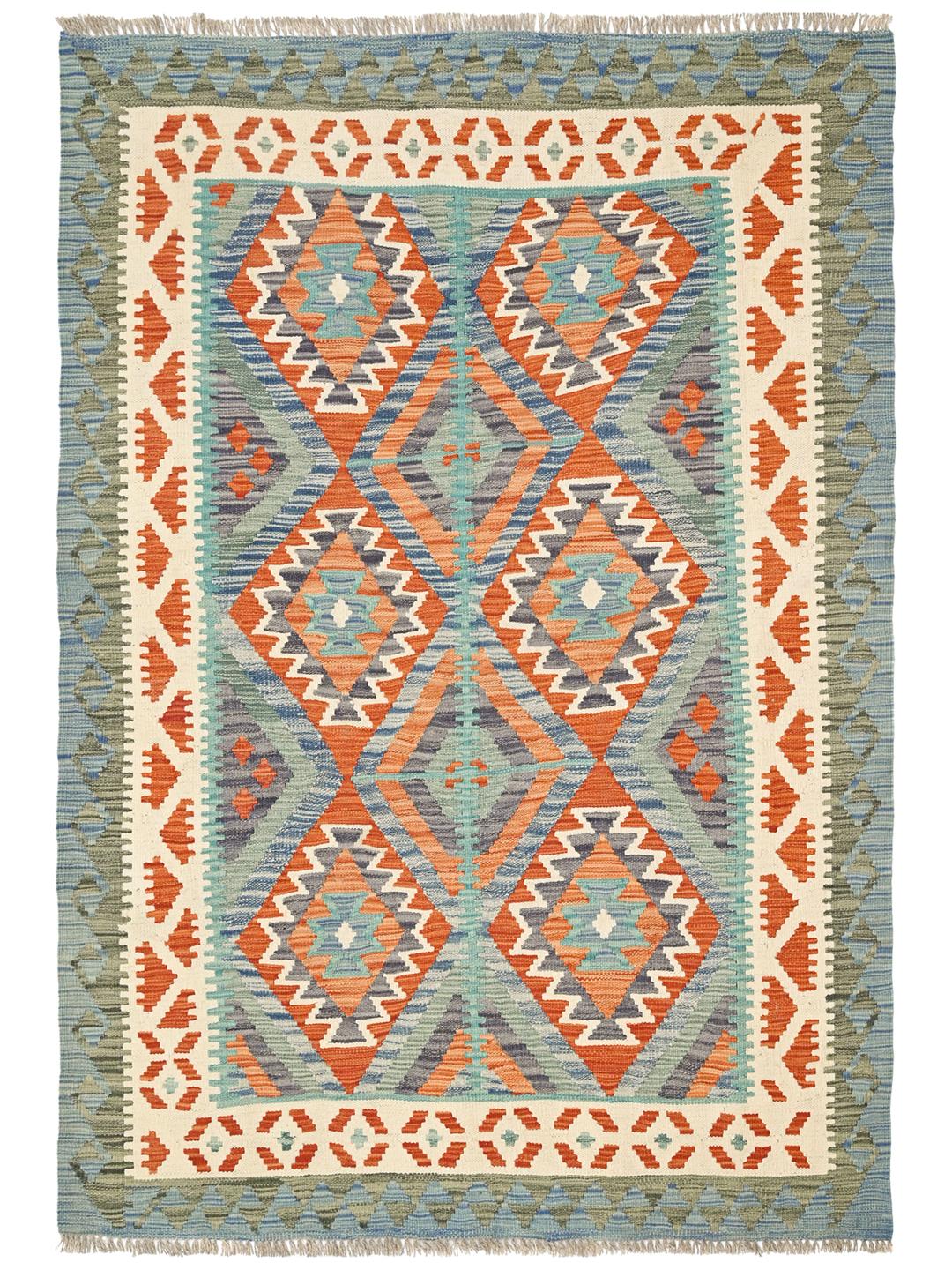 A hand-woven Kelim Afghan Old Style rug featuring vibrant geometric patterns and multicolor Wool.