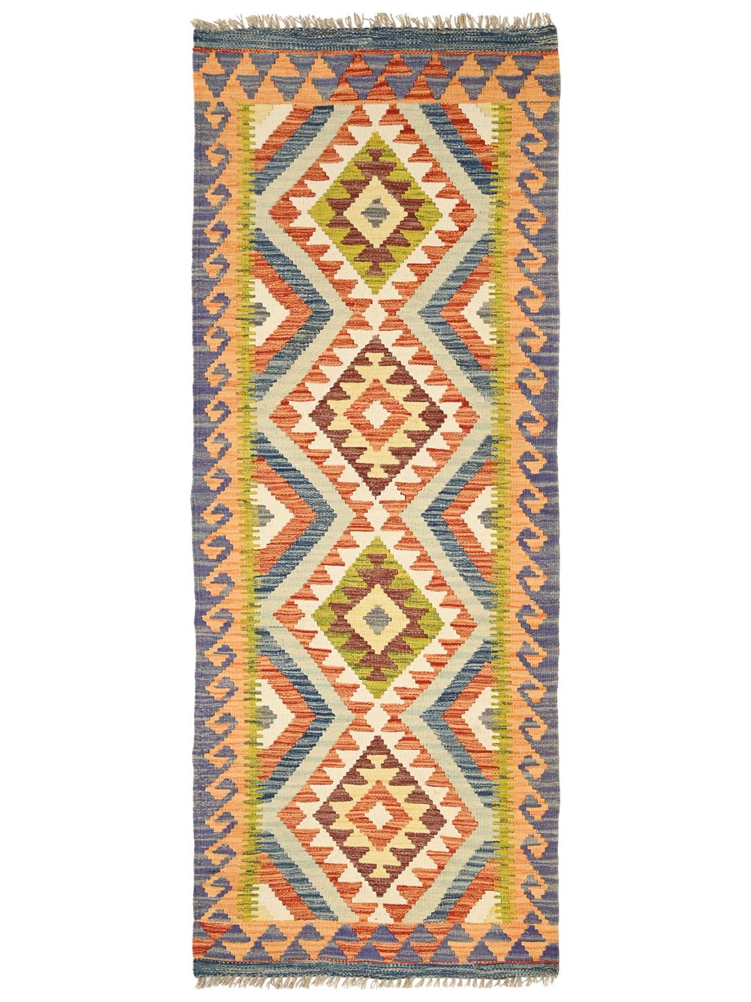 Handmade Afghan runner with vibrant multicolor geometric diamond patterns