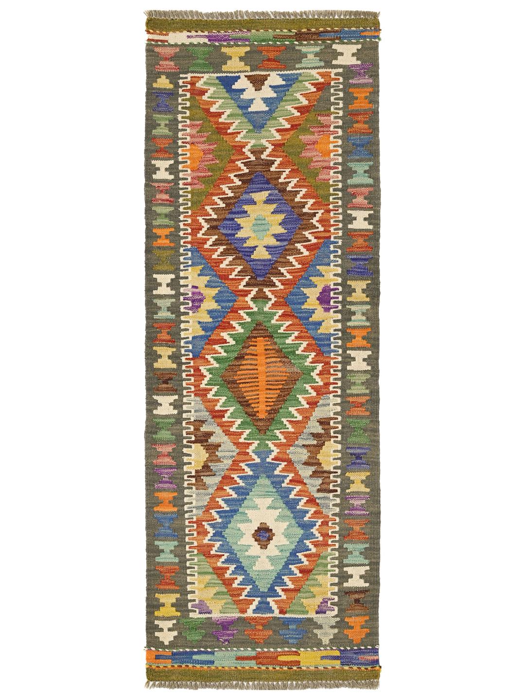 Runner afghano tessuto a mano con vivaci motivi geometrici in lana multicolore