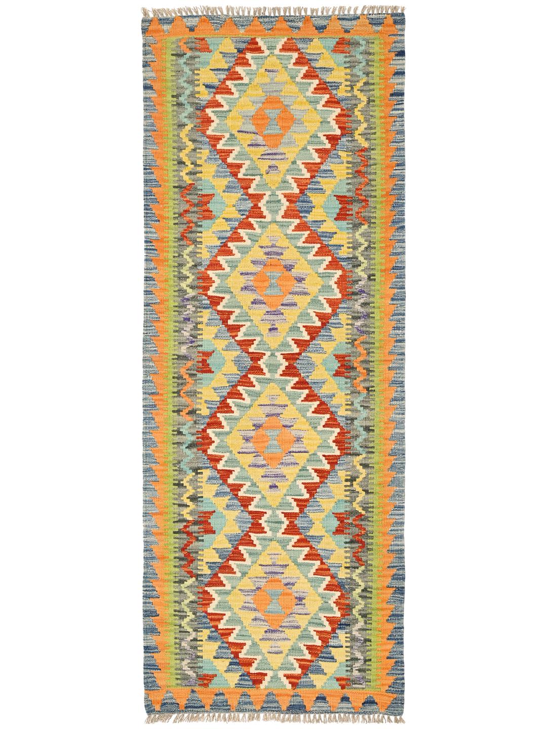 Runner afghano tessuto a mano con motivi geometrici colorati in lana multicolore.