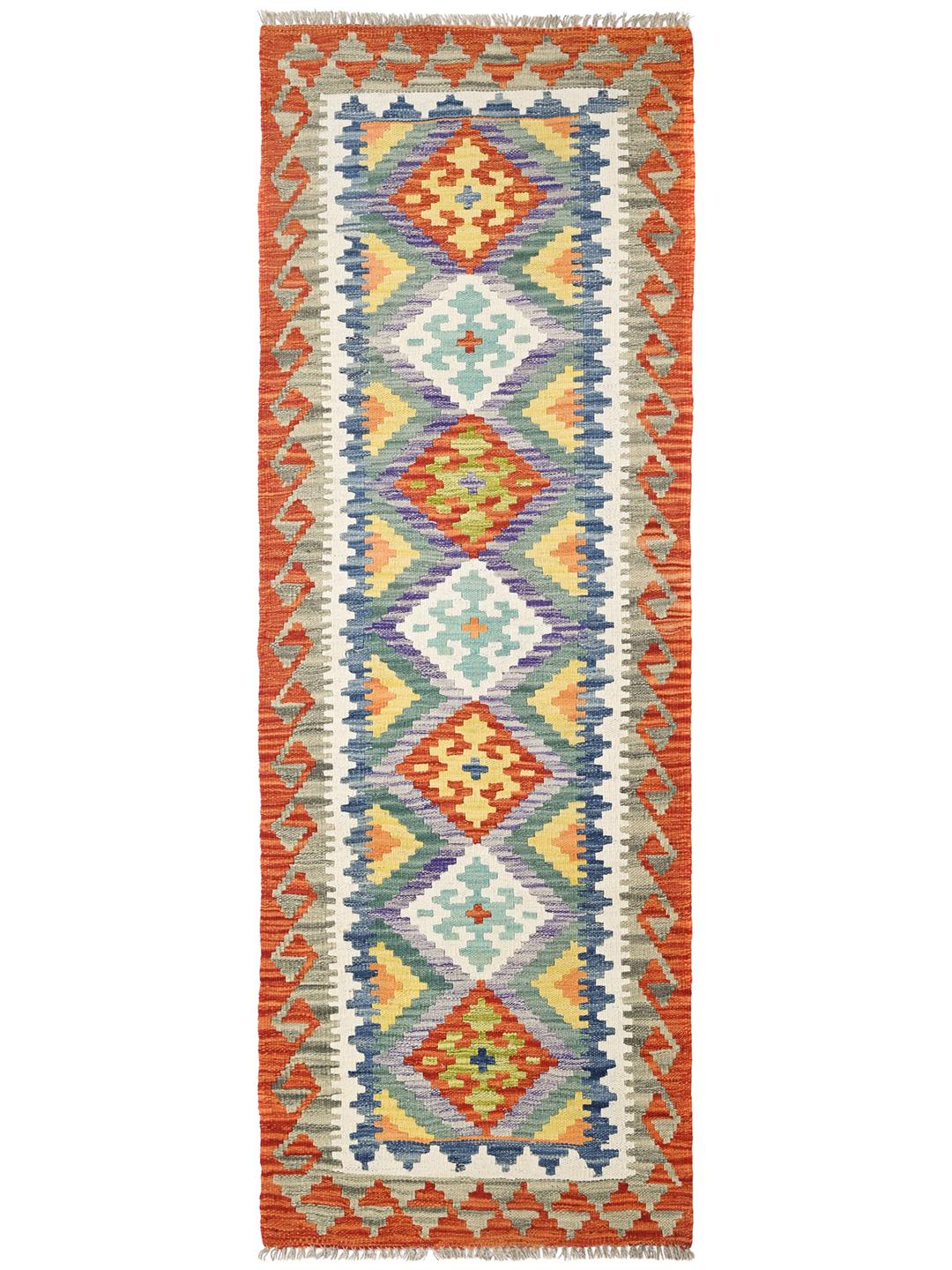 Hand-woven Kelim Afghan wool runner rug in orange and multicolor