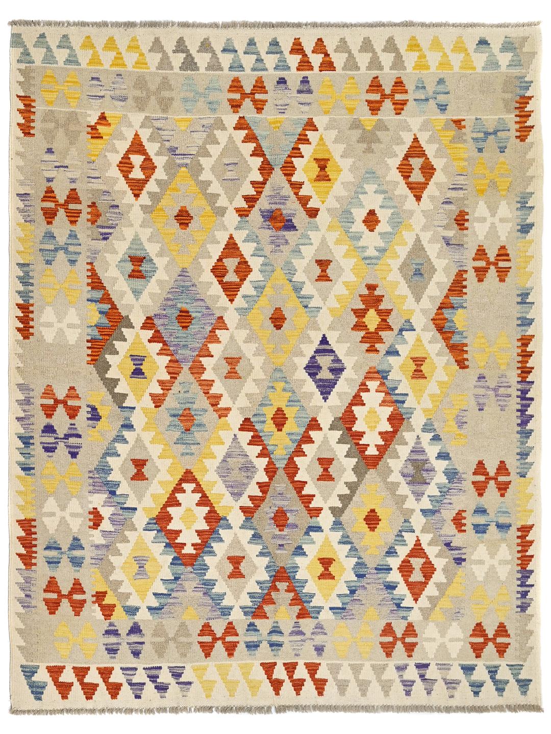 Hand-woven Kelim Afghan Old Style wool rug in beige and multicolor
