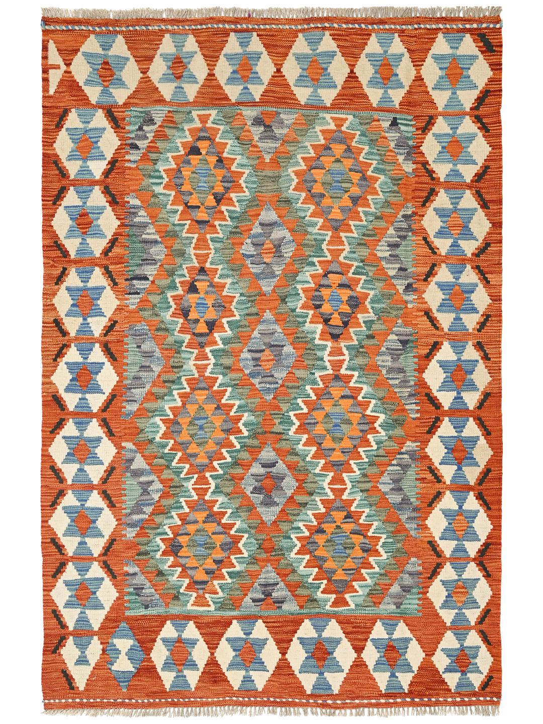 Hand-woven Afghan Kelim rug with geometric diamond patterns in orange and blue