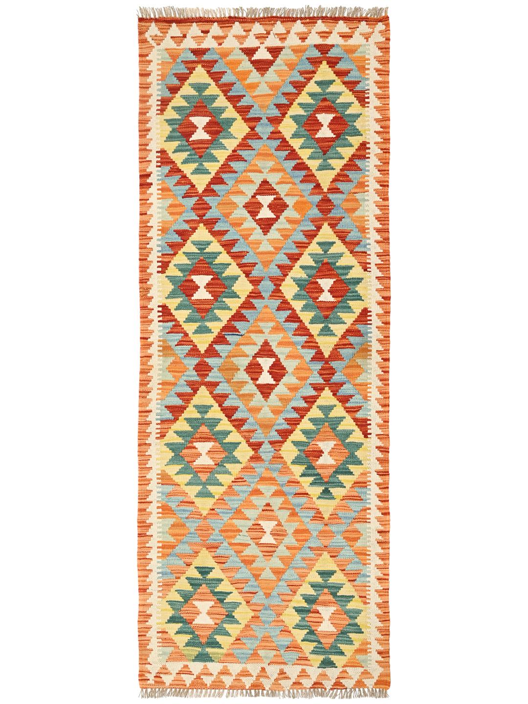 Hand-woven Afghan runner with vibrant geometric diamond motifs in multicolor Wool.