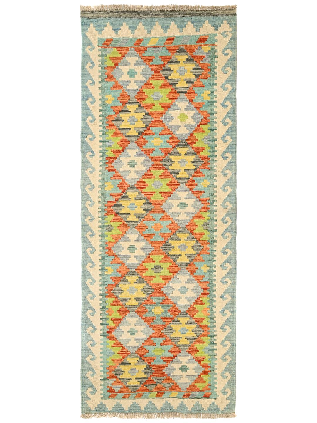 Runner afghano tessuto a mano con un vivace motivo geometrico a losanghe in lana multicolore.
