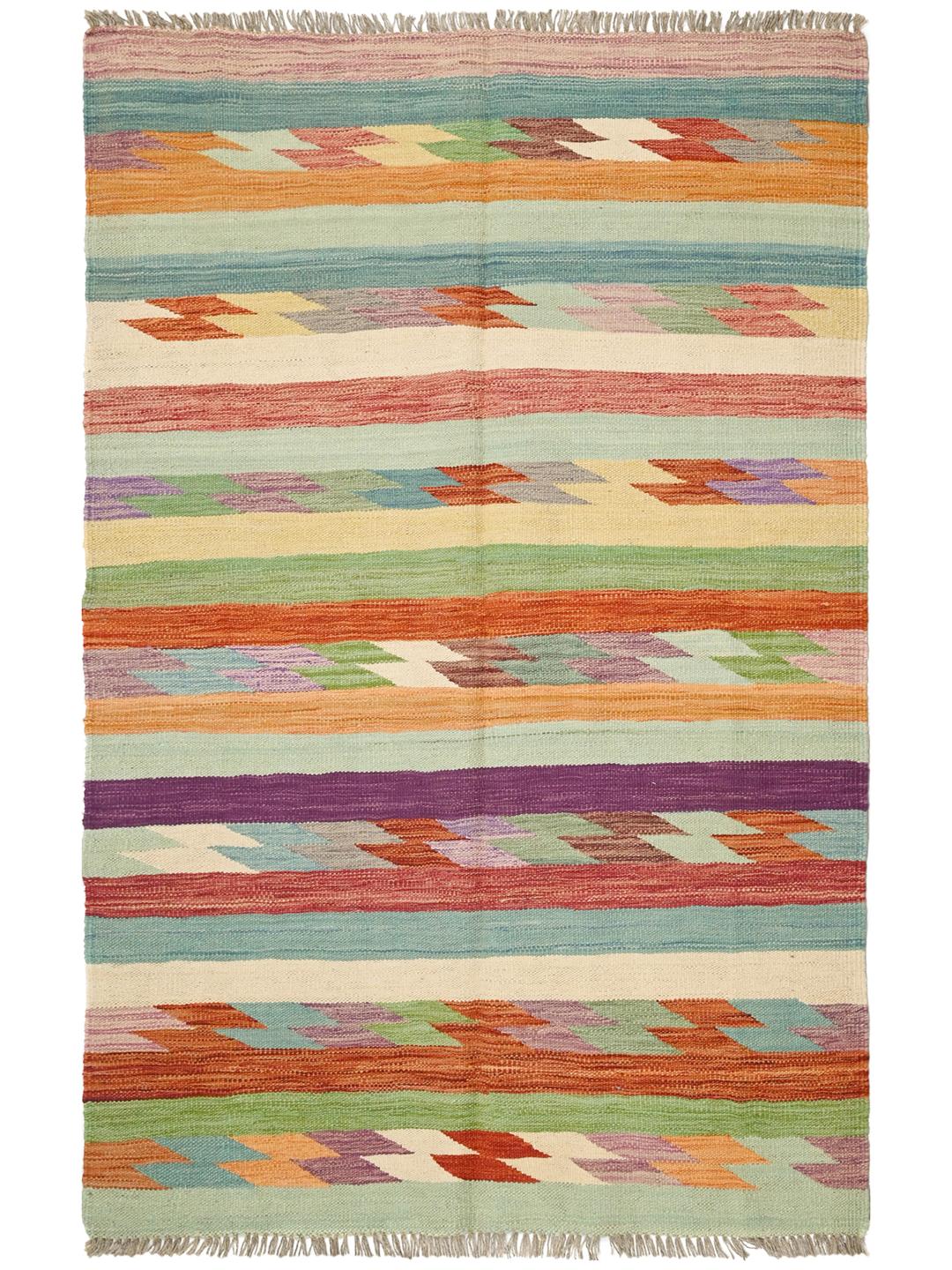 Tappeto kilim afghano multicolore con motivi geometrici