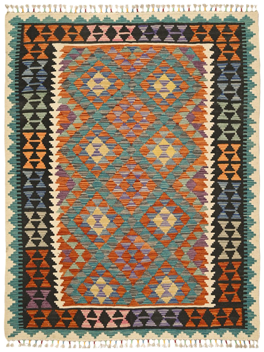 Hand-woven Afghan Kelim rug with geometric patterns in multicolor wool