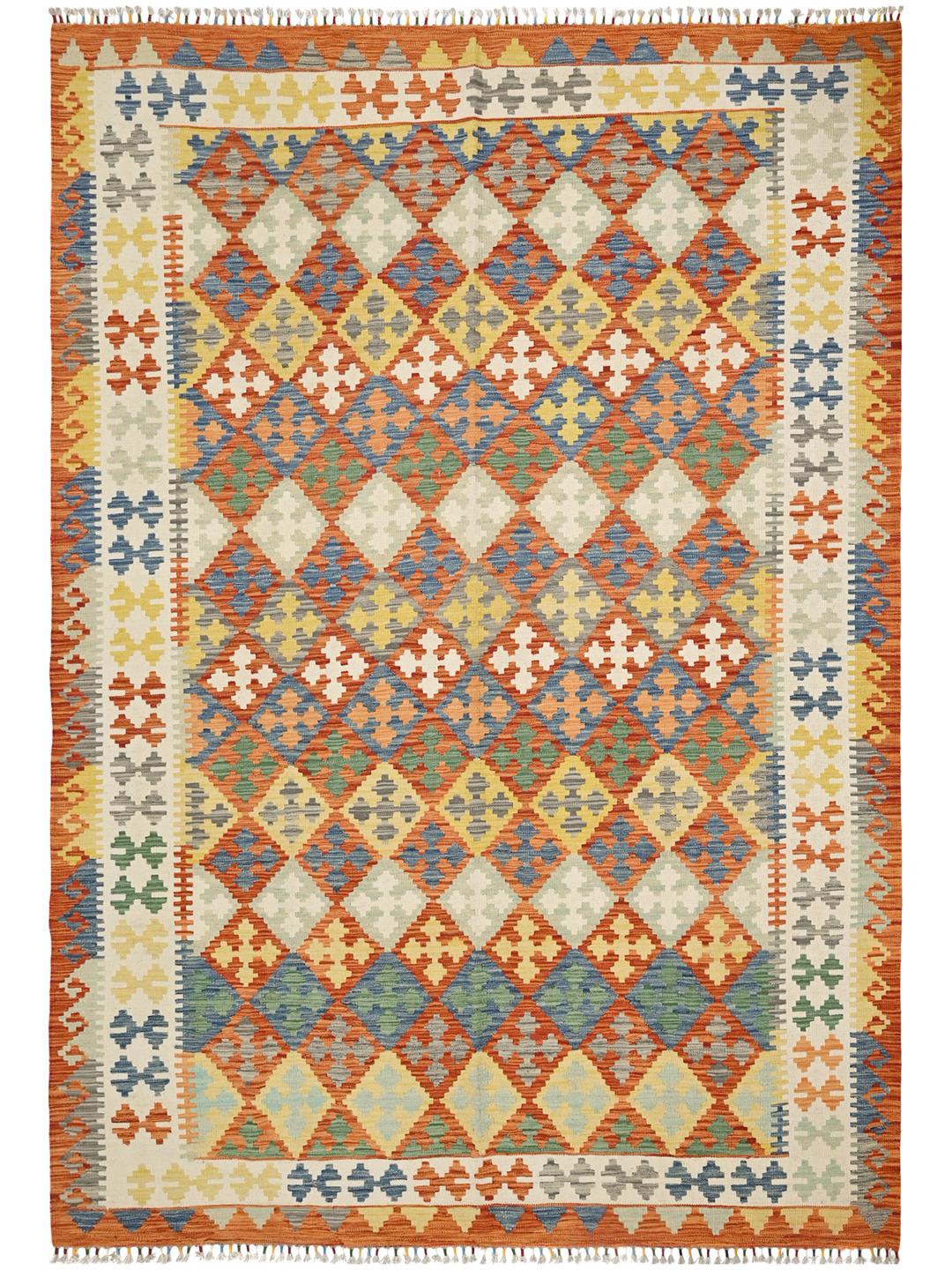 Handgeweven Afghan Kelim tapijt met een kleurrijk geometrisch ruitpatroon