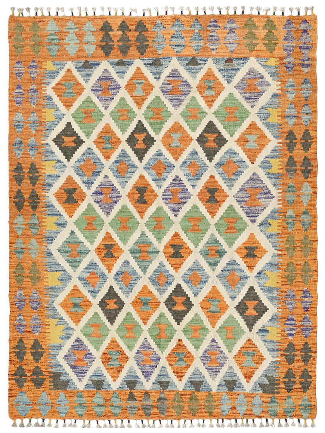 Hand-woven Afghan Kelim rug with a vibrant geometric diamond pattern in multicolor Wool