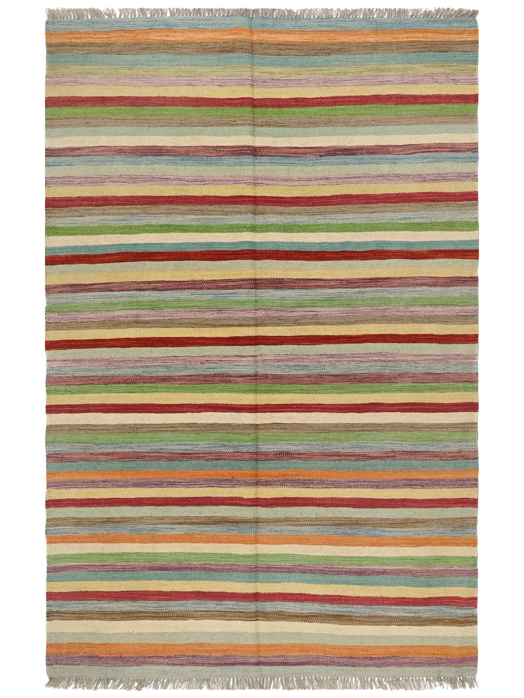 Tappeto Kilim afghano tessuto a mano con un vivace motivo a strisce multicolore