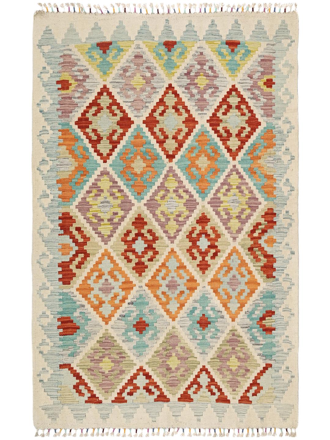 Hand-woven rectangular Afghan Kelim rug with vibrant multicolor geometric diamond patterns