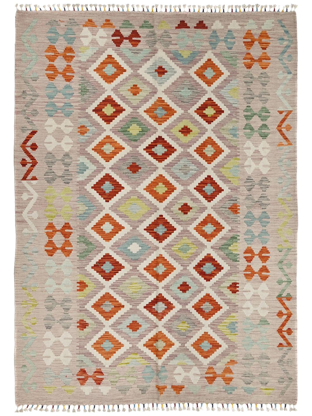 Hand-woven Afghan Kelim rug with a colourful diamond pattern