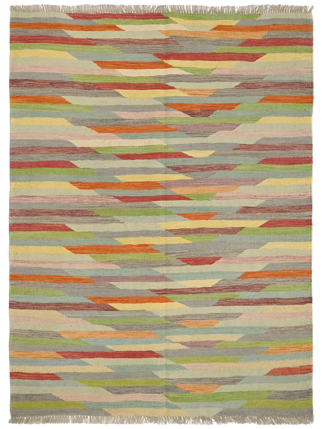 Tappeto Kilim afghano intrecciato a mano con un vibrante motivo geometrico multicolore
