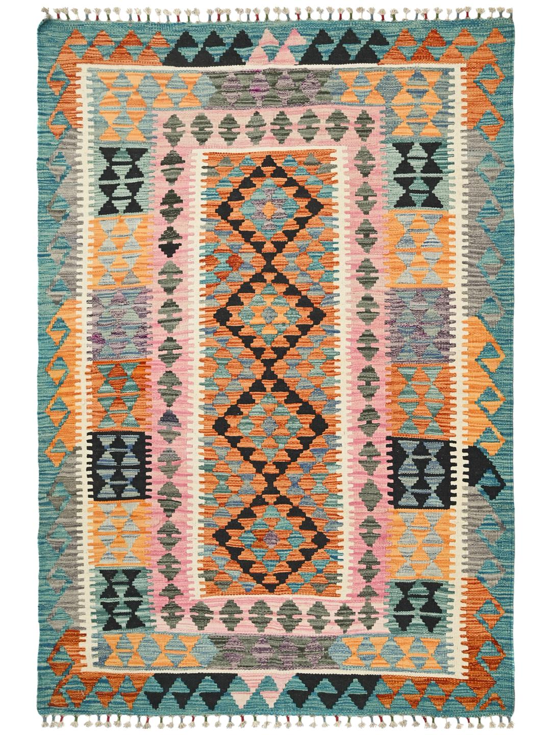 Hand-woven Afghan Kelim rug featuring geometric patterns in multicolour Wool.