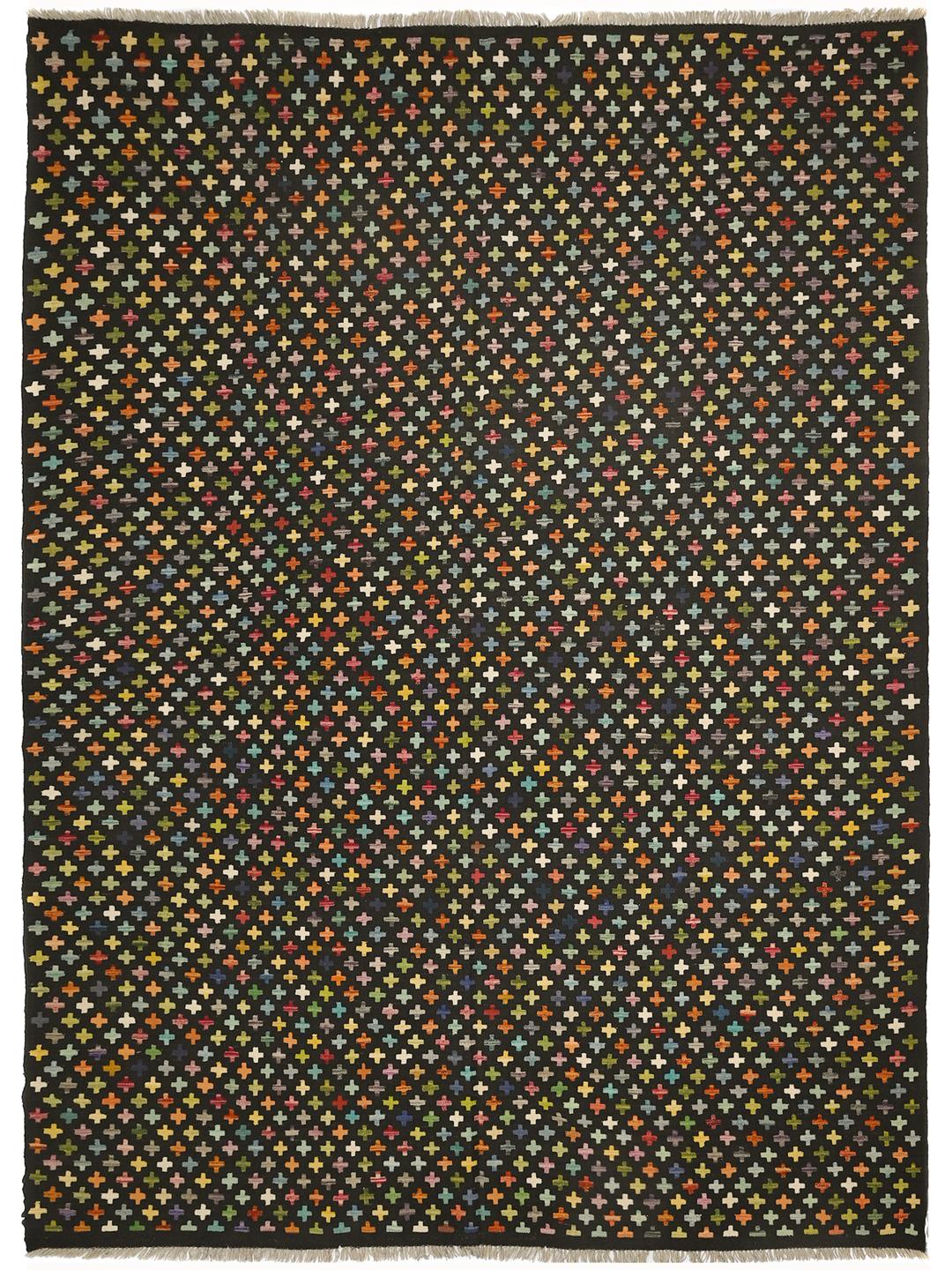 Hand-woven Afghan Kelim rug with a black field and colourful cross motifs