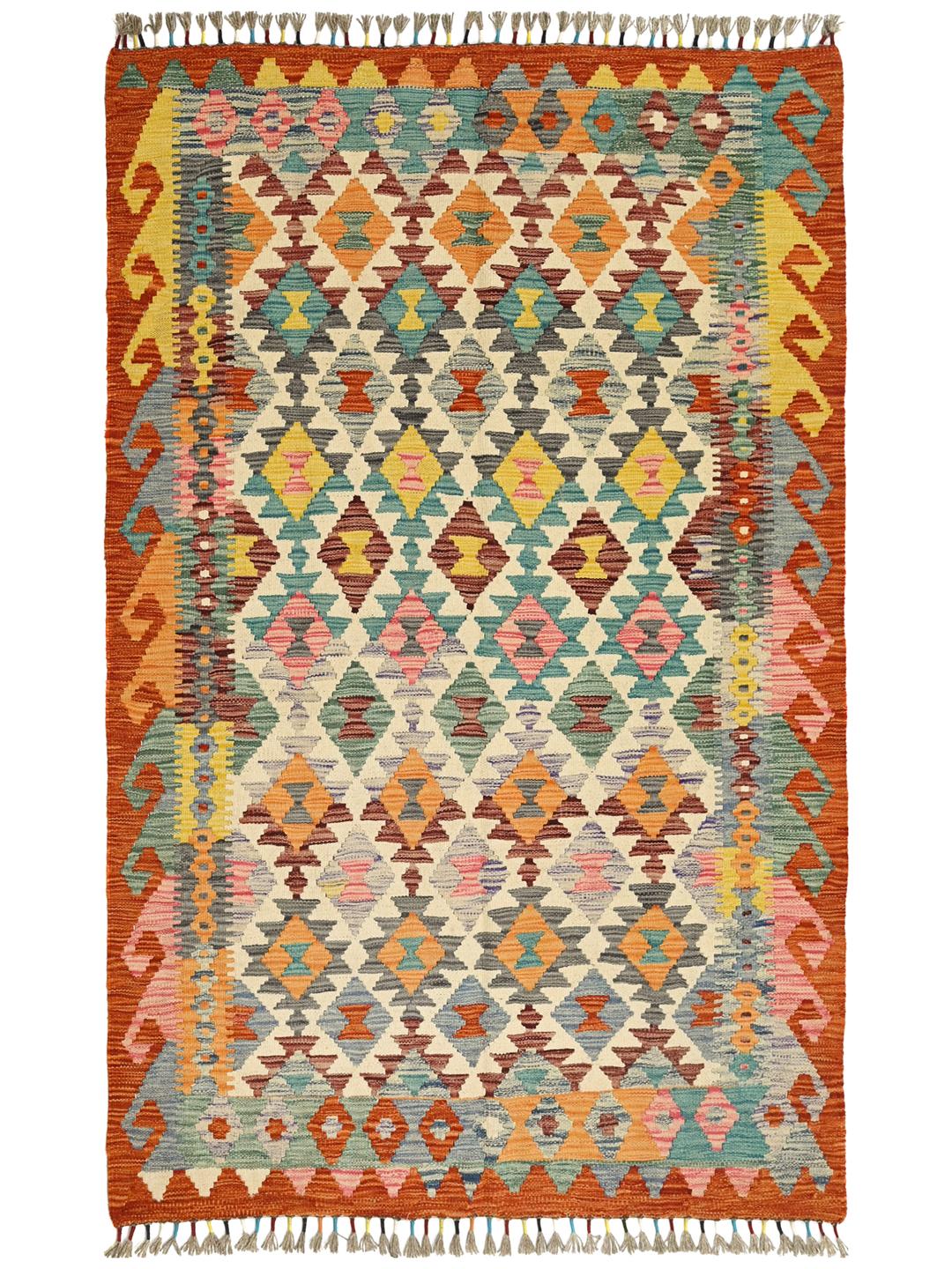 A vibrant rectangular hand-woven Kelim rug from Afghanistan with colourful geometric patterns.