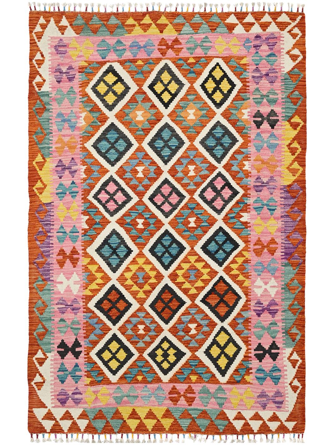 Hand-woven Afghan Kelim rug with a vibrant multicolor geometric diamond pattern