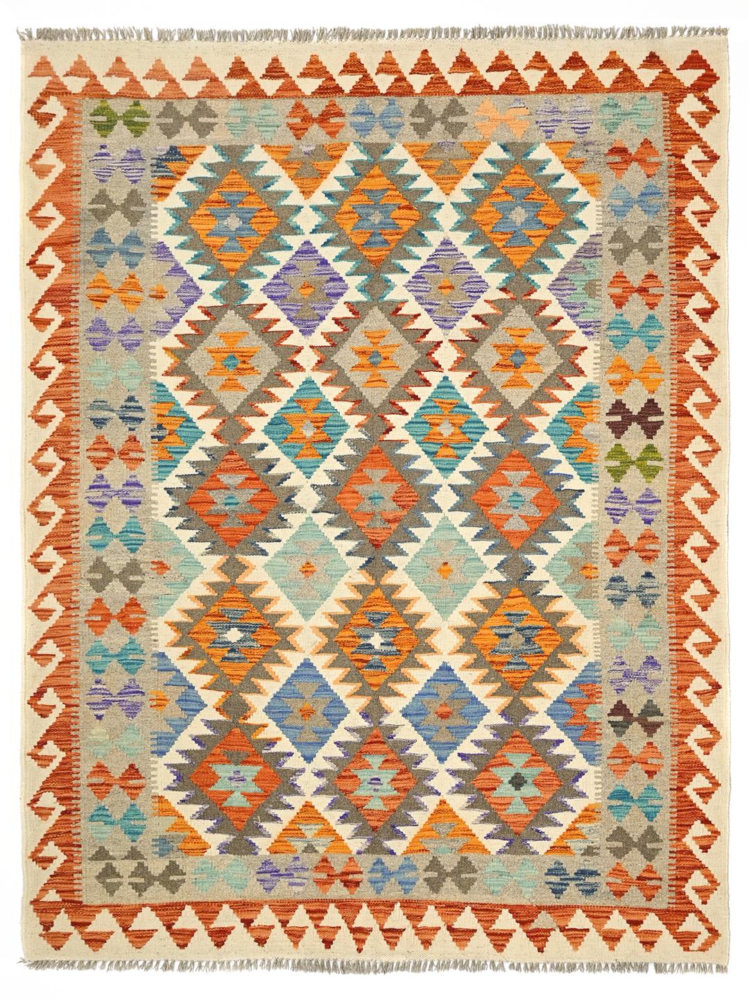 Hand-woven Afghan Kelim rug featuring a colourful geometric diamond pattern in a rectangular shape.
