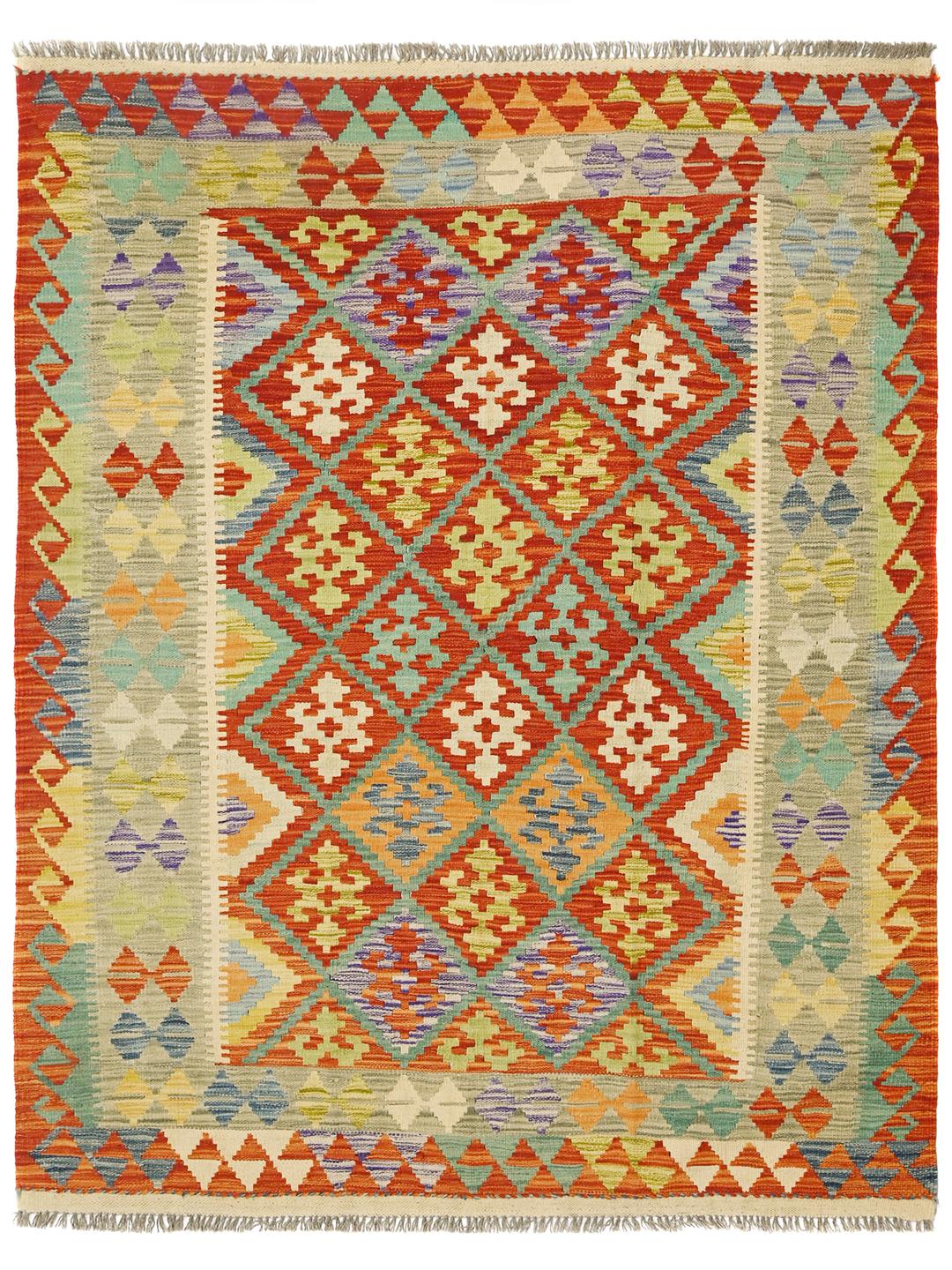 Hand-woven Afghan Kelim wool rug with multicolour geometric diamond patterns